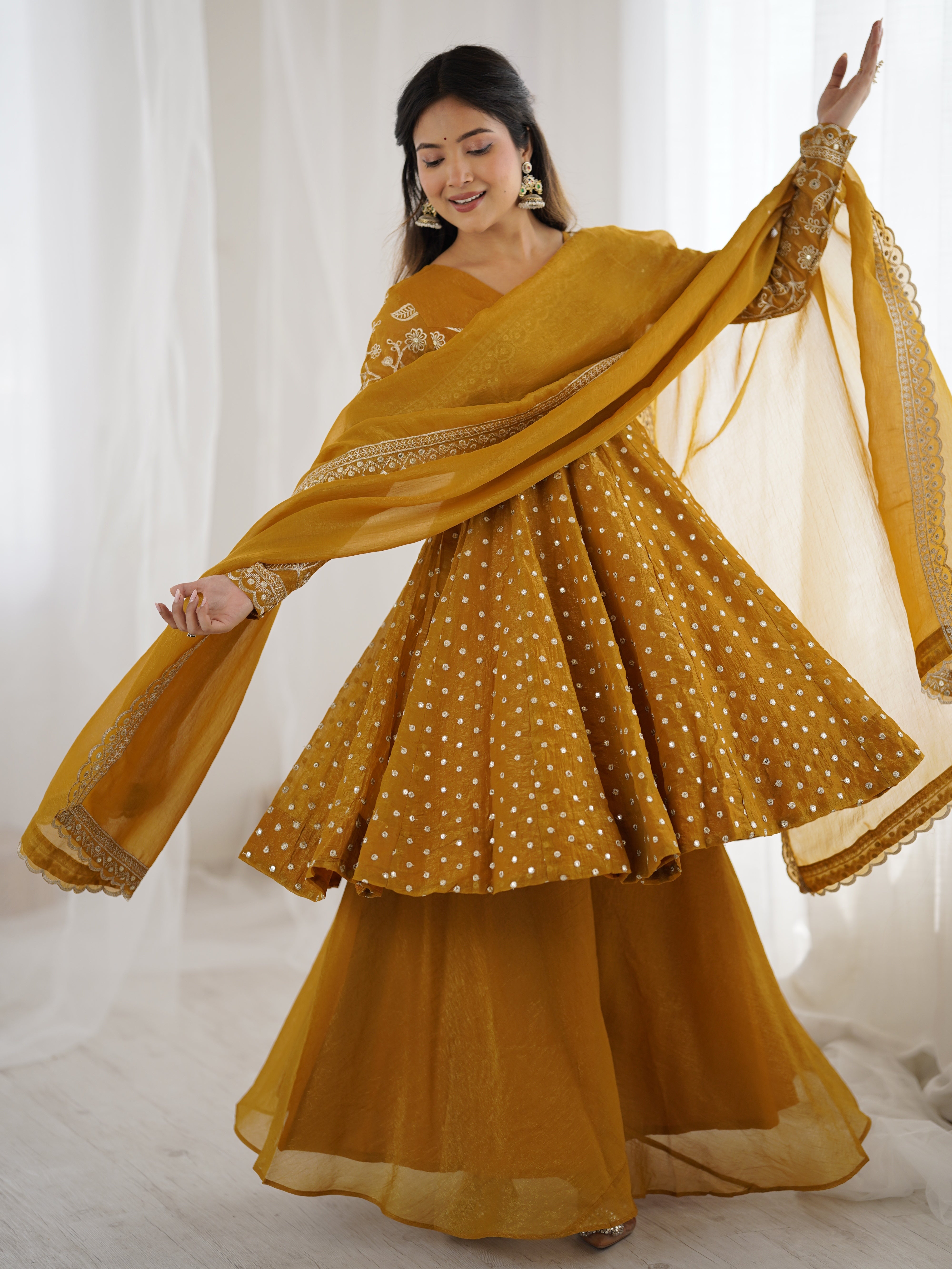 Womenline Golden Mustard Twirl Designer Sharara Suit Set with Embroidered Dupatta