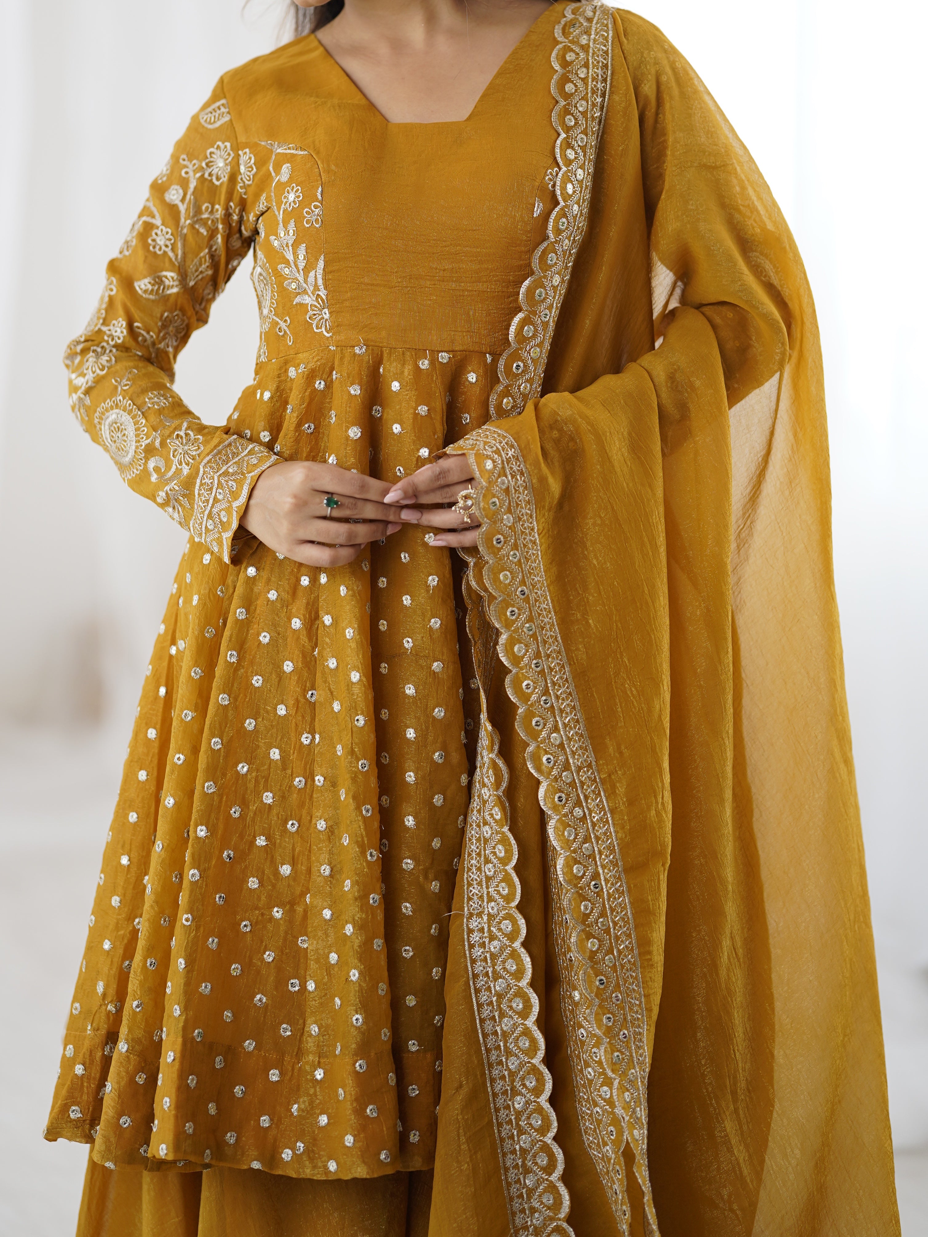 Womenline Golden Mustard Twirl Designer Sharara Suit Set with Embroidered Dupatta