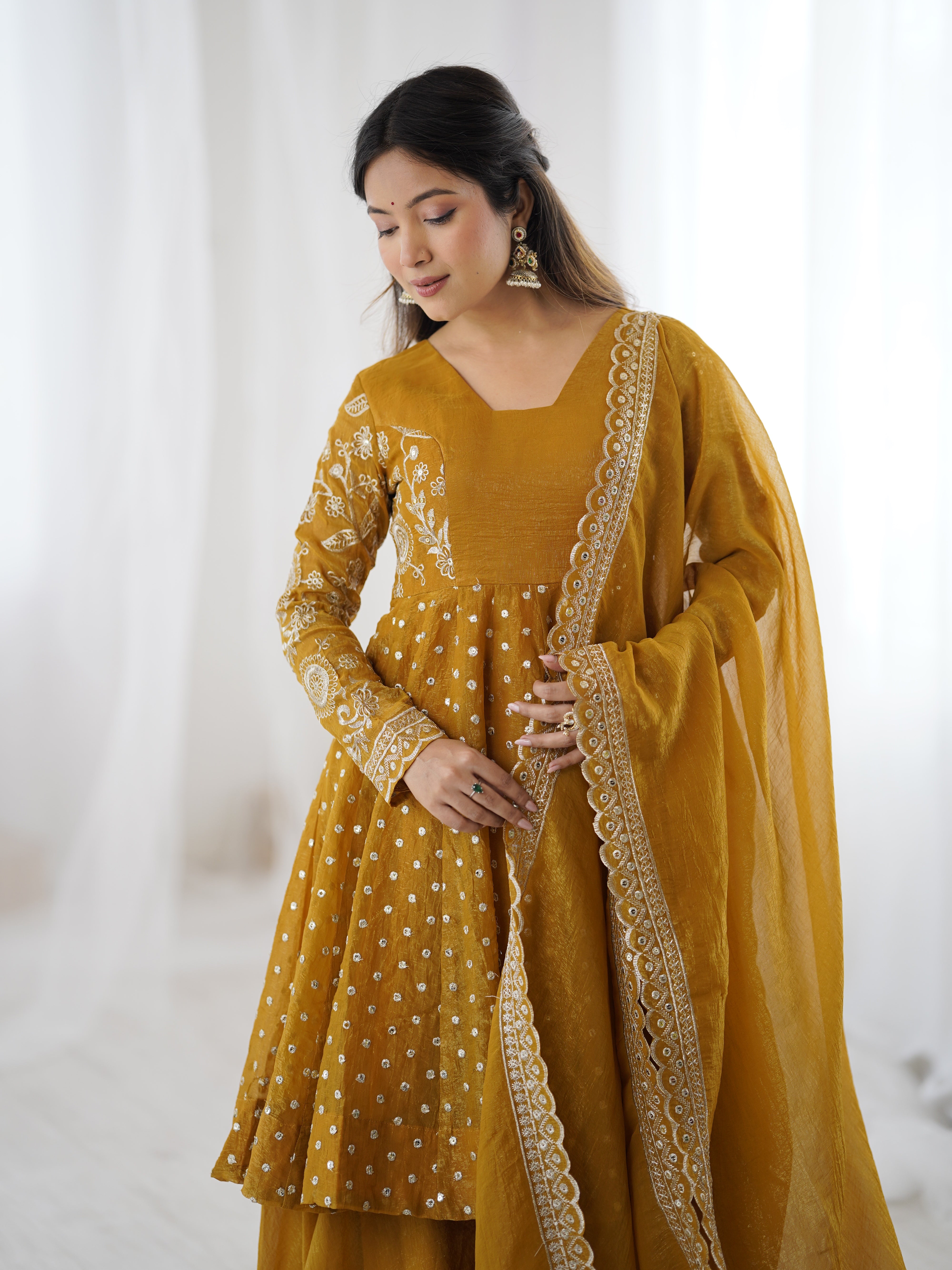 Womenline Golden Mustard Twirl Designer Sharara Suit Set with Embroidered Dupatta