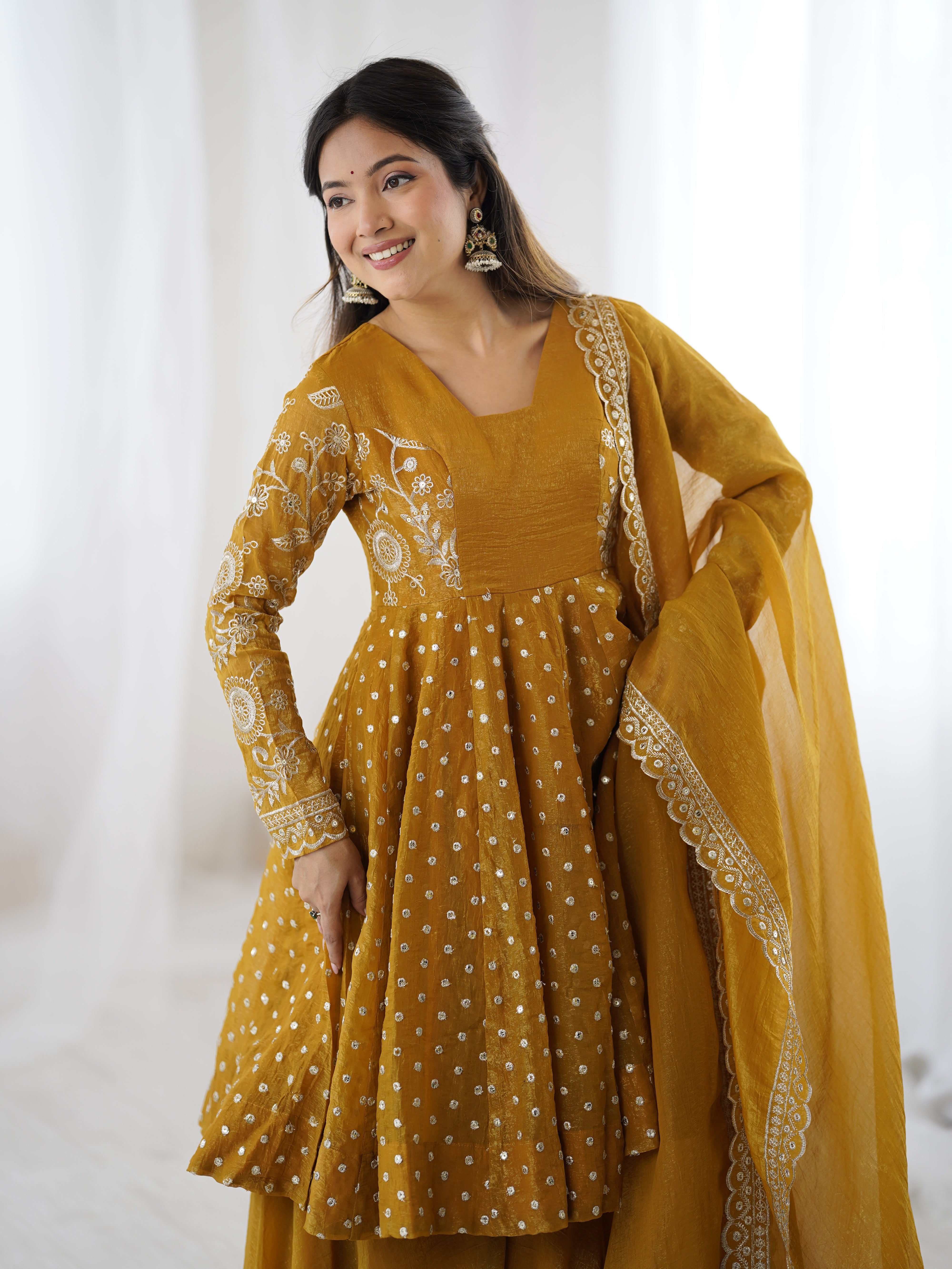 Womenline Golden Mustard Twirl Designer Sharara Suit Set with Embroidered Dupatta