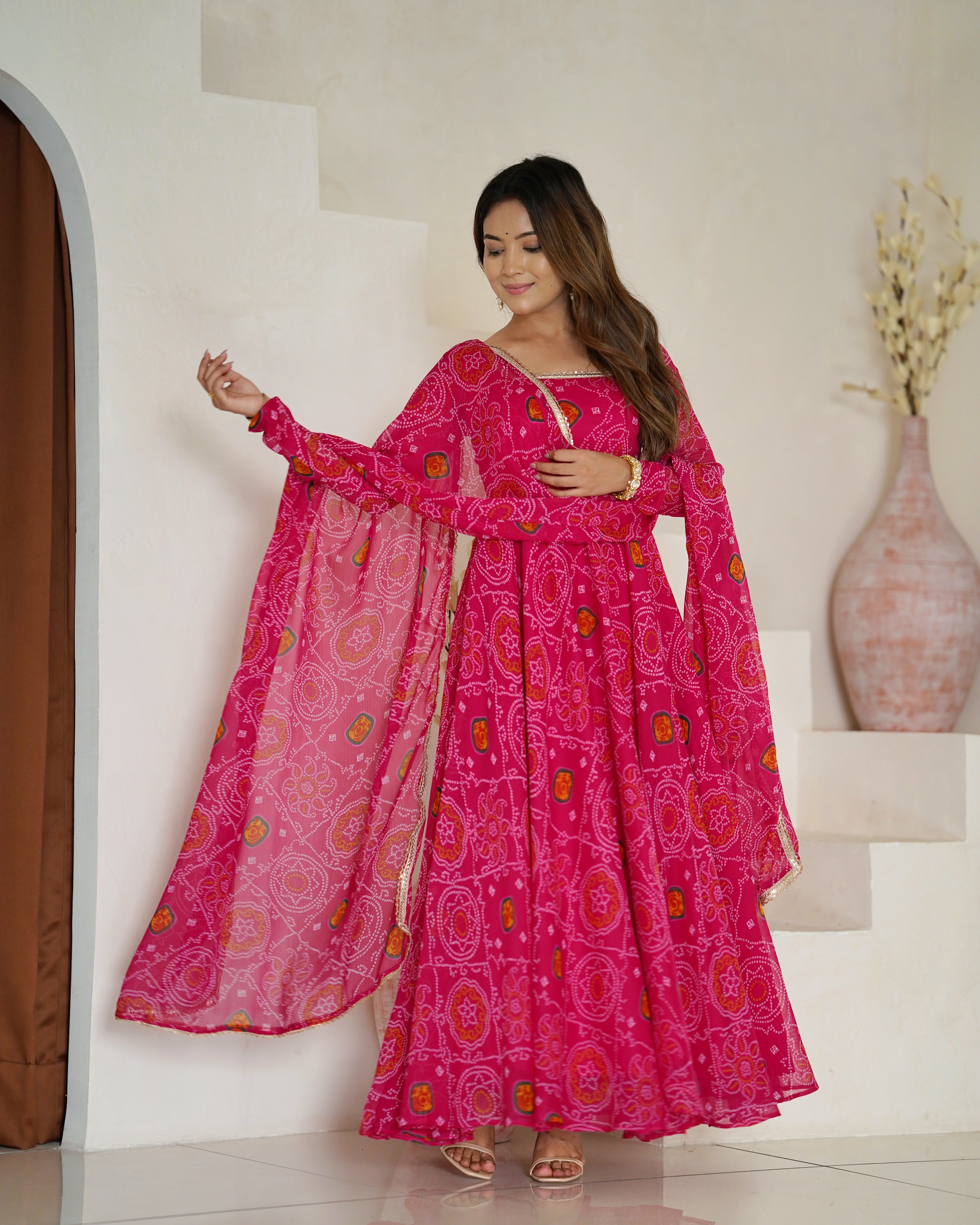 Womenline Rani Pink Color Bandhej Print Soft Chiffon Anarkali Gown