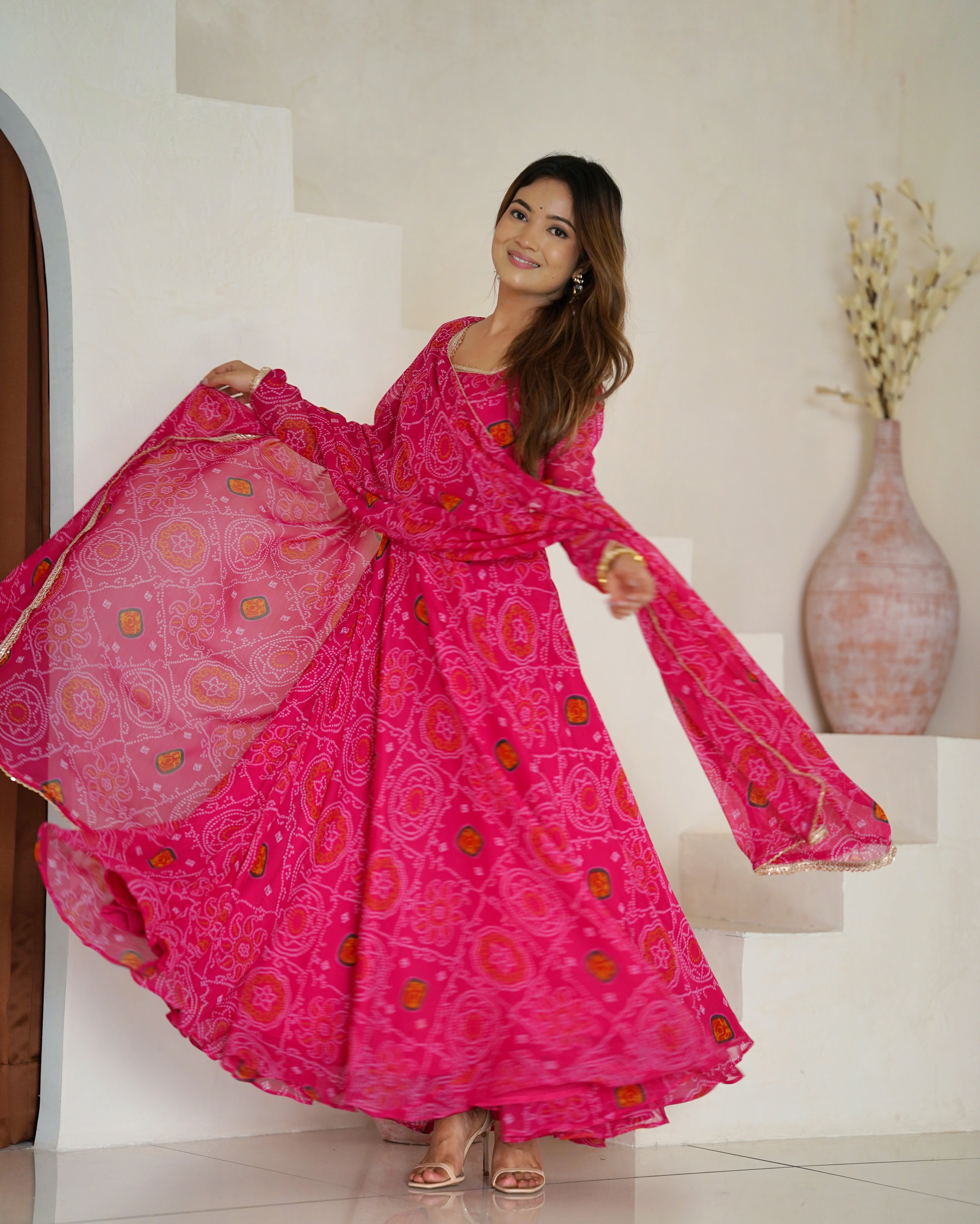Womenline Rani Pink Color Bandhej Print Soft Chiffon Anarkali Gown