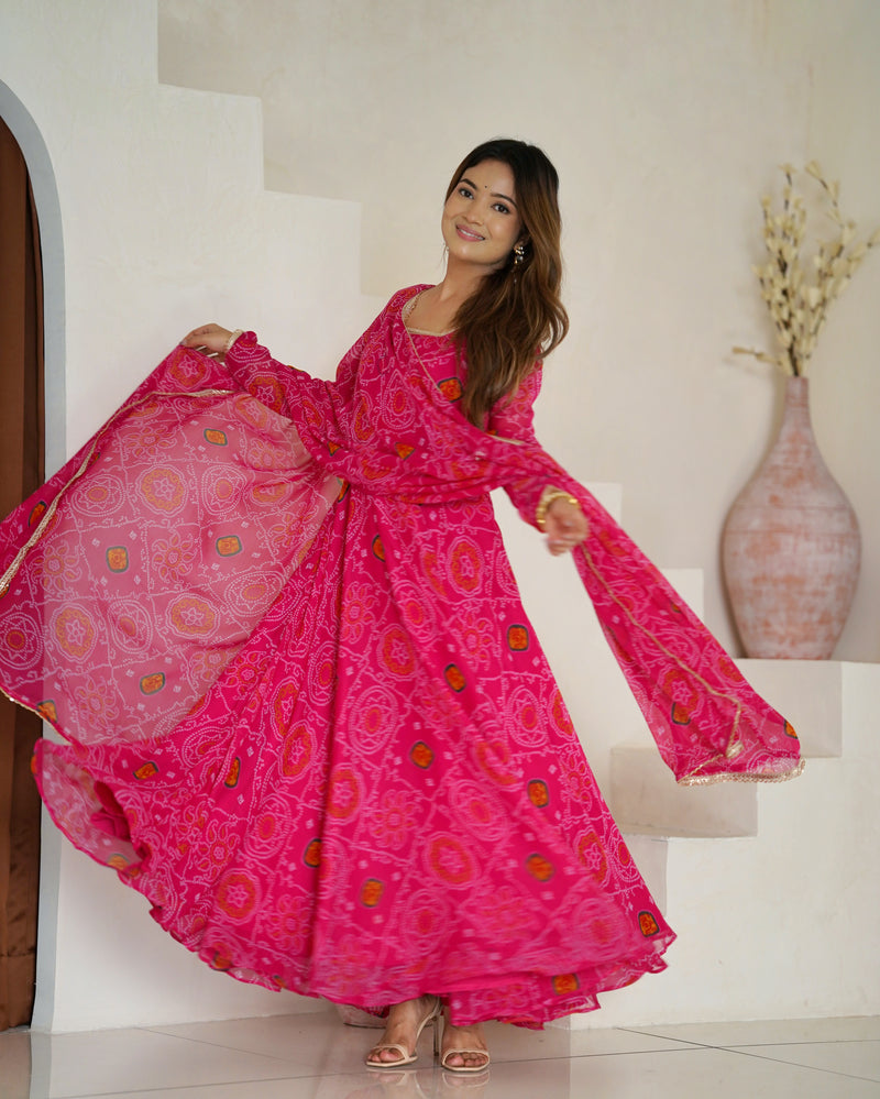 Womenline Rani Pink Color Bandhej Print Soft Chiffon Anarkali Gown