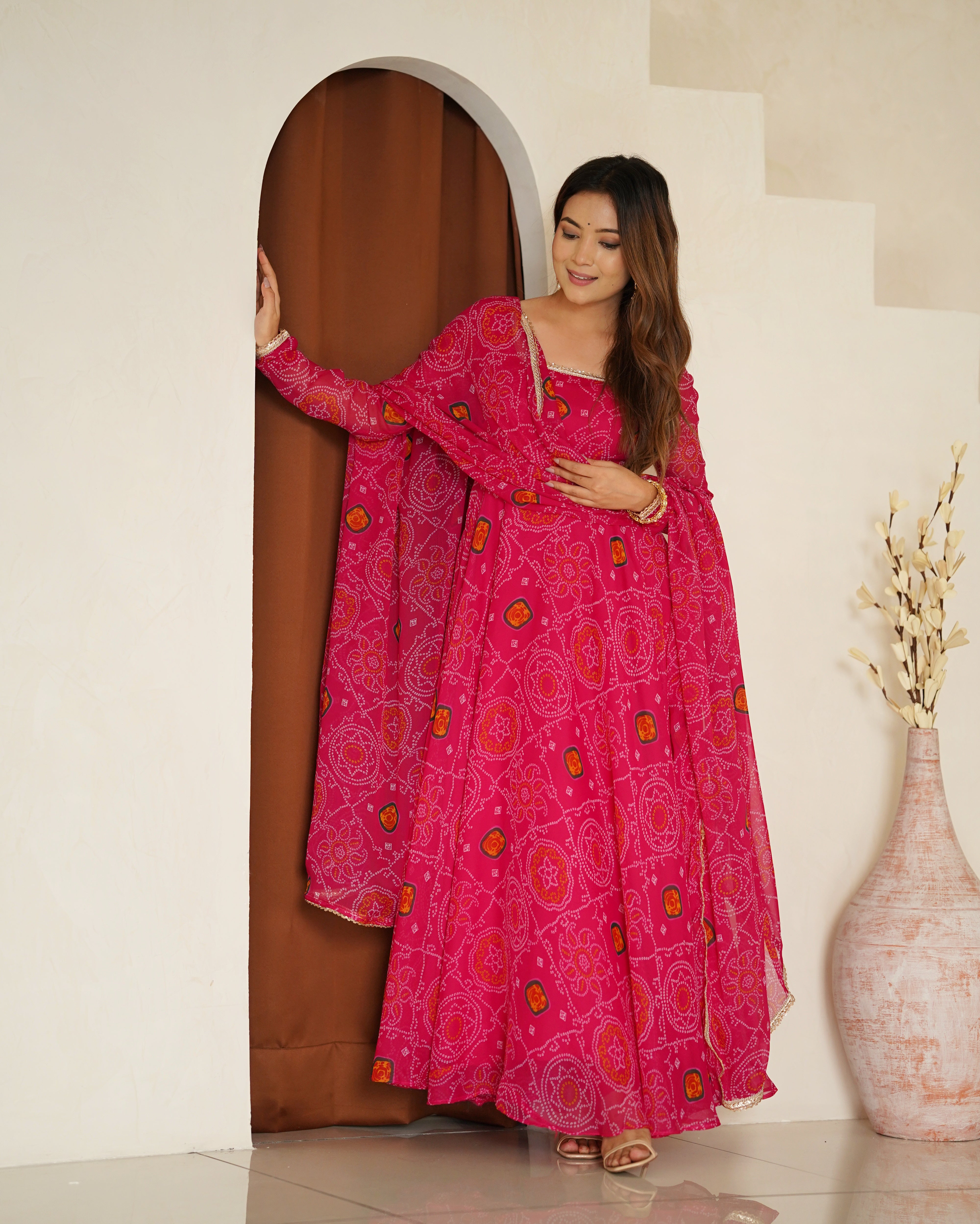 Womenline Rani Pink Color Bandhej Print Soft Chiffon Anarkali Gown