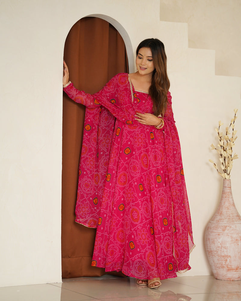 Womenline Rani Pink Color Bandhej Print Soft Chiffon Anarkali Gown