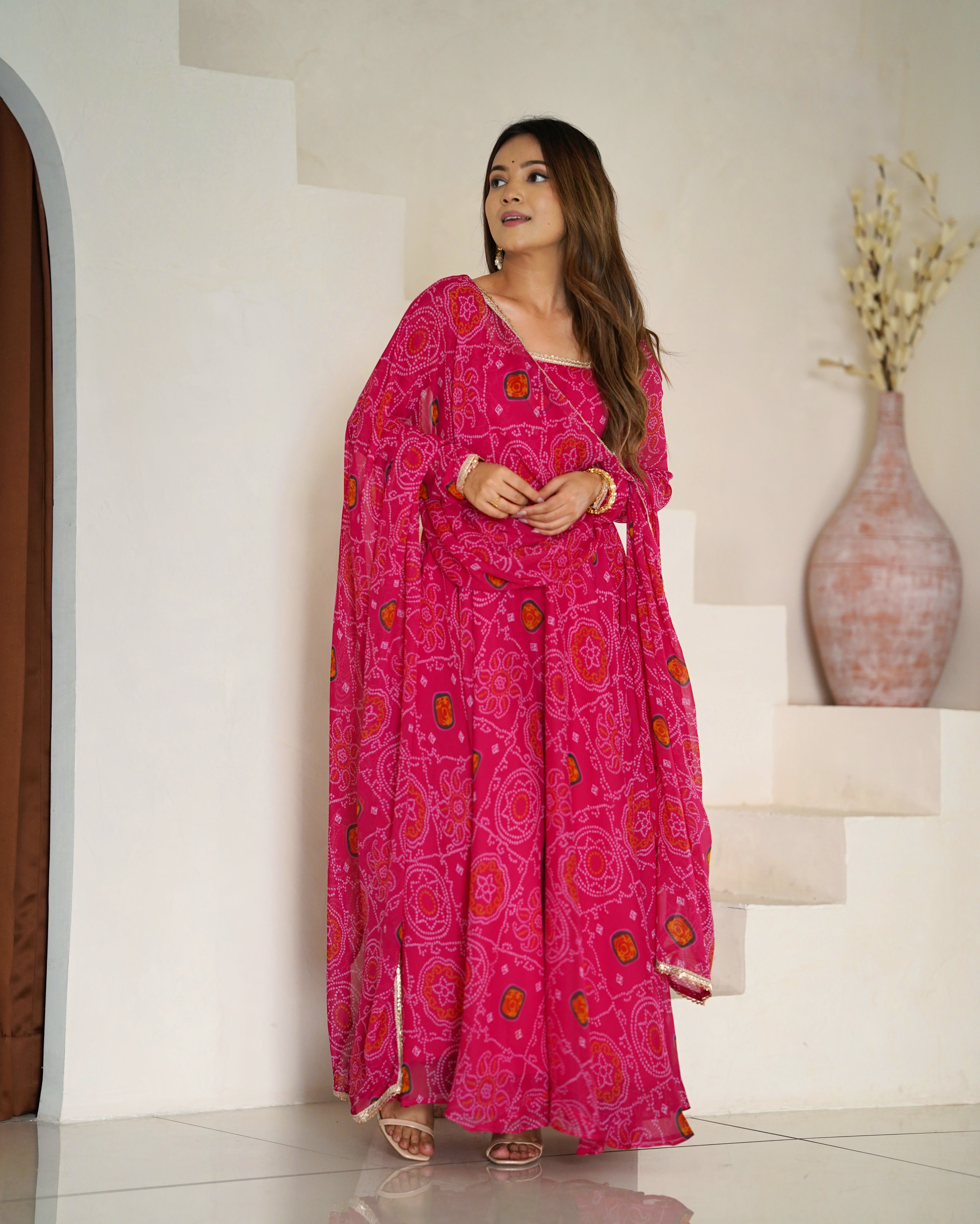Womenline Rani Pink Color Bandhej Print Soft Chiffon Anarkali Gown