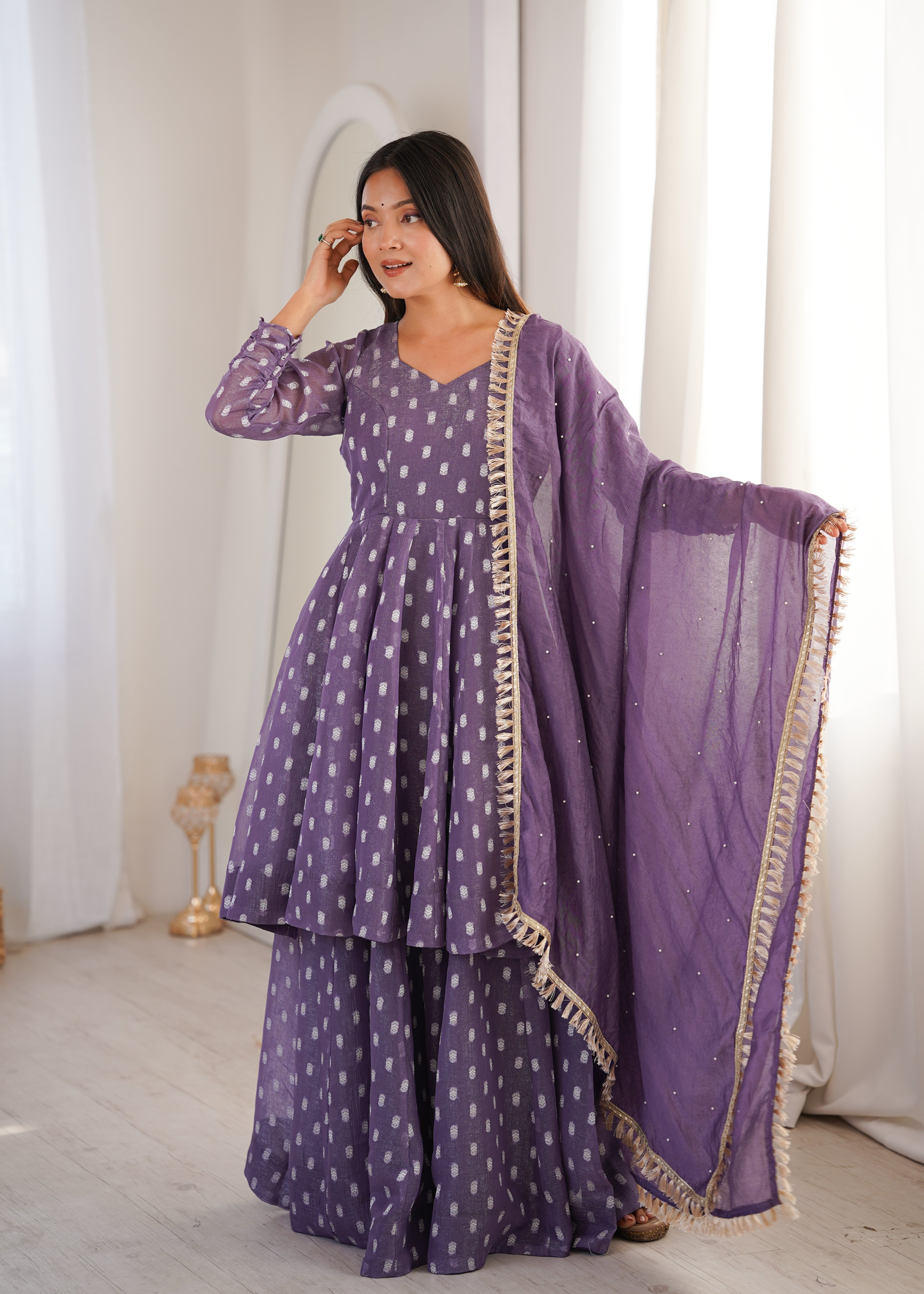 Womenline Elegant Lavender Purple Sharara Suit Set with Silver Motif Print & Dupatta