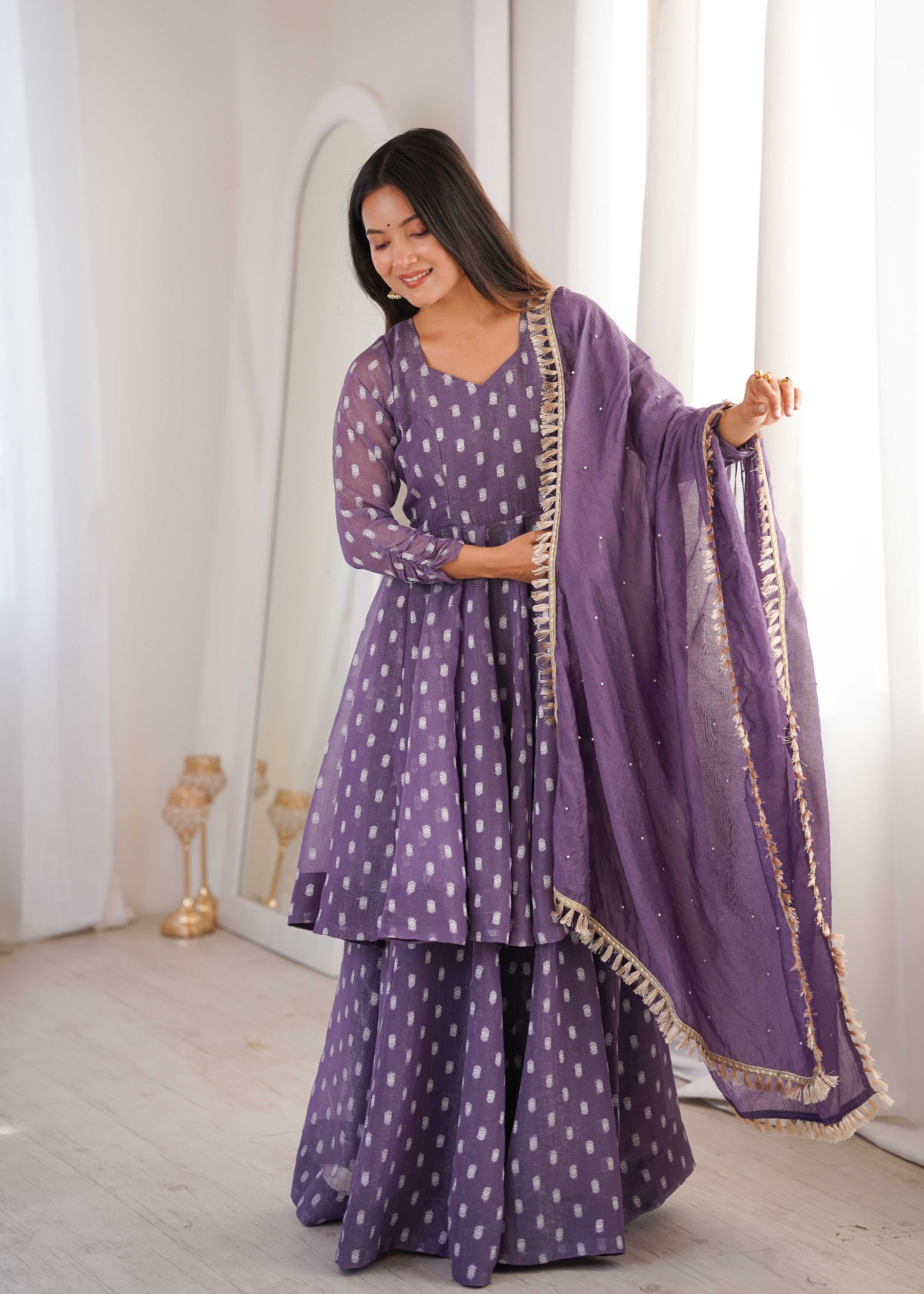 Womenline Elegant Lavender Purple Sharara Suit Set with Silver Motif Print & Dupatta