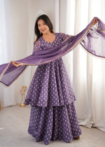 Womenline Elegant Lavender Purple Sharara Suit Set with Silver Motif Print & Dupatta