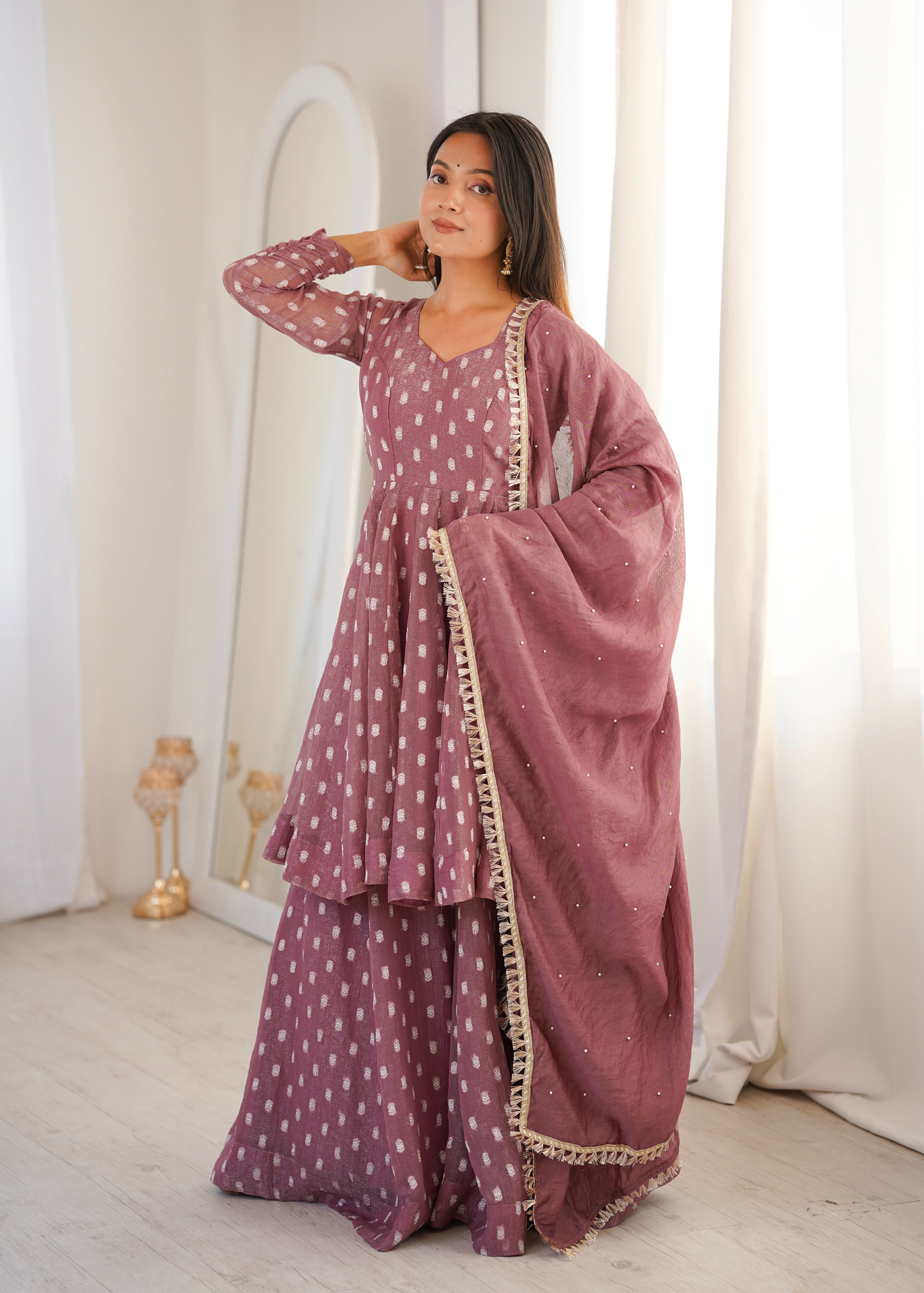 Womenline Elegant Dusty Rose Pink Sharara Suit Set with Silver Motif Print & Dupatta