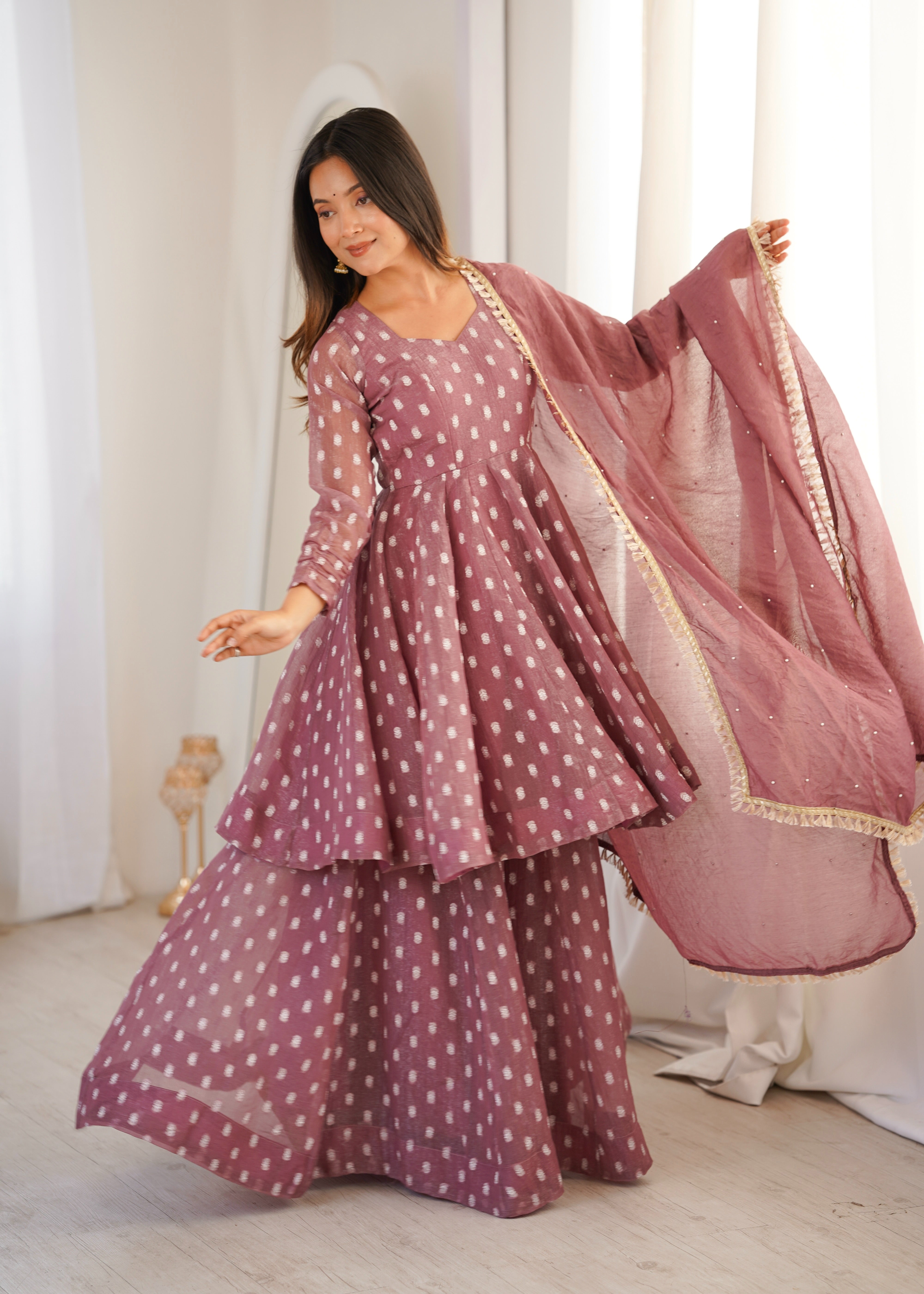 Womenline Elegant Dusty Rose Pink Sharara Suit Set with Silver Motif Print & Dupatta