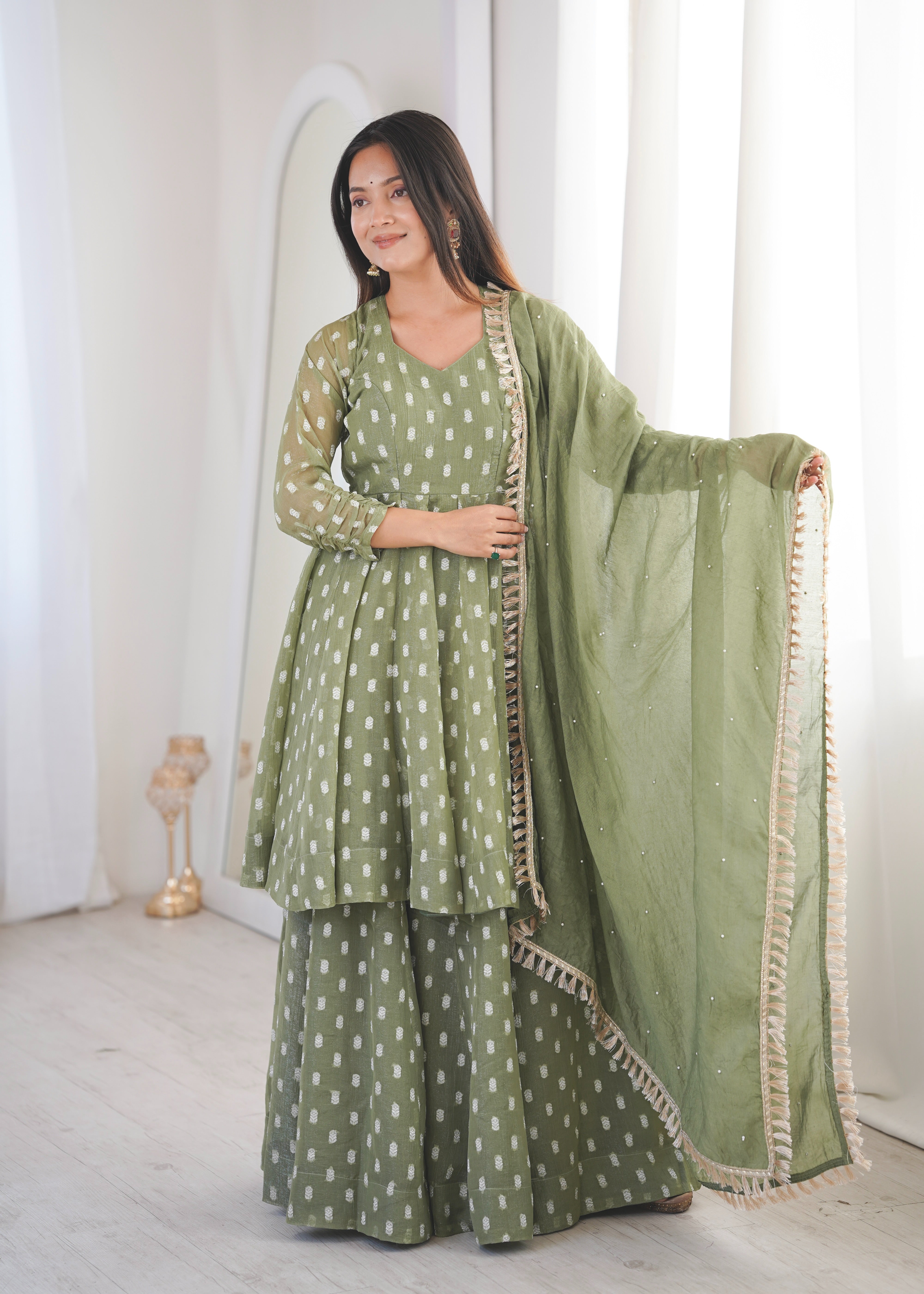 Womenline Elegant Olive Green Sharara Suit Set with Silver Motif Print & Dupatta