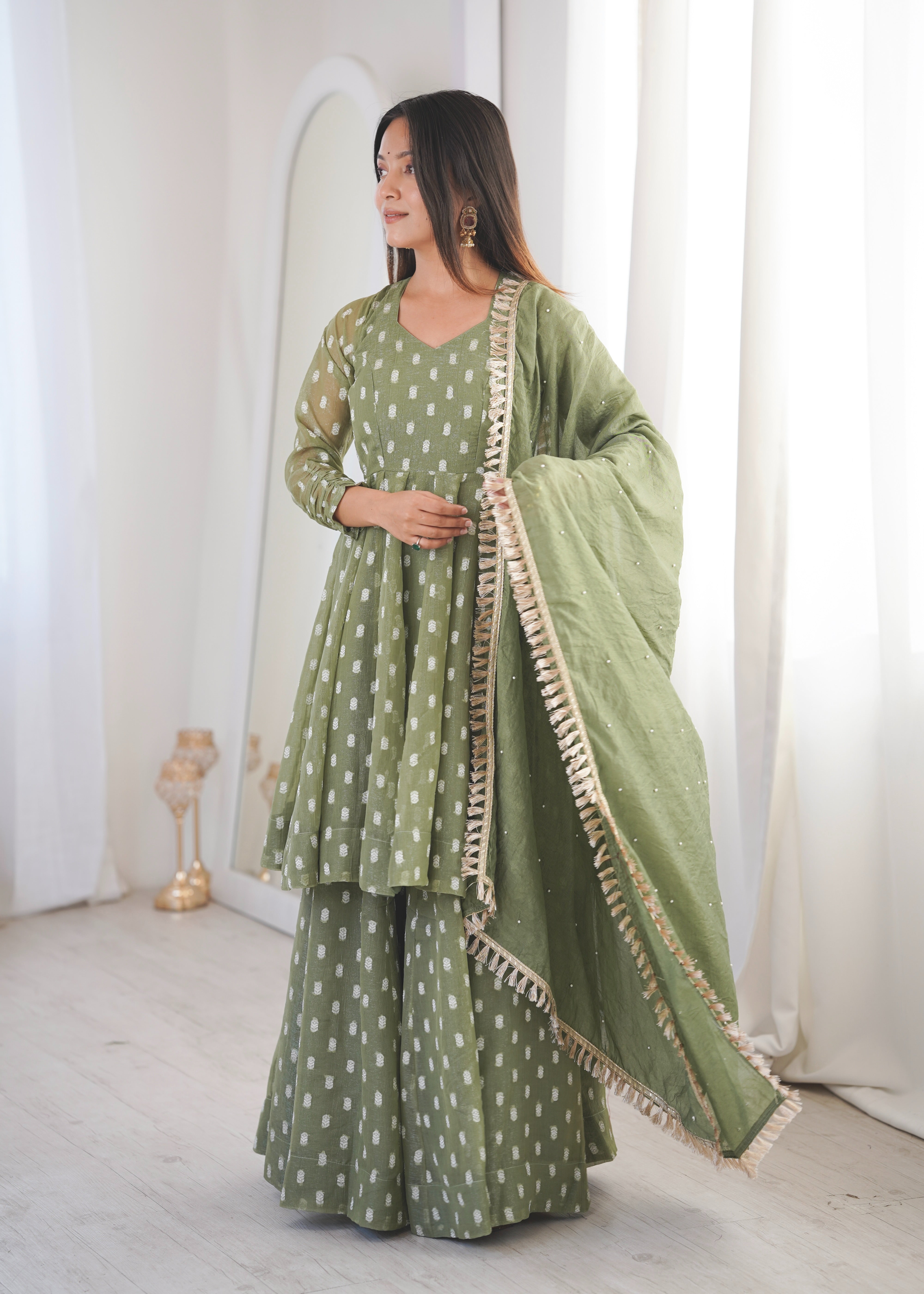 Womenline Elegant Olive Green Sharara Suit Set with Silver Motif Print & Dupatta