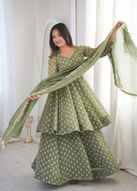 Womenline Elegant Olive Green Sharara Suit Set with Silver Motif Print & Dupatta