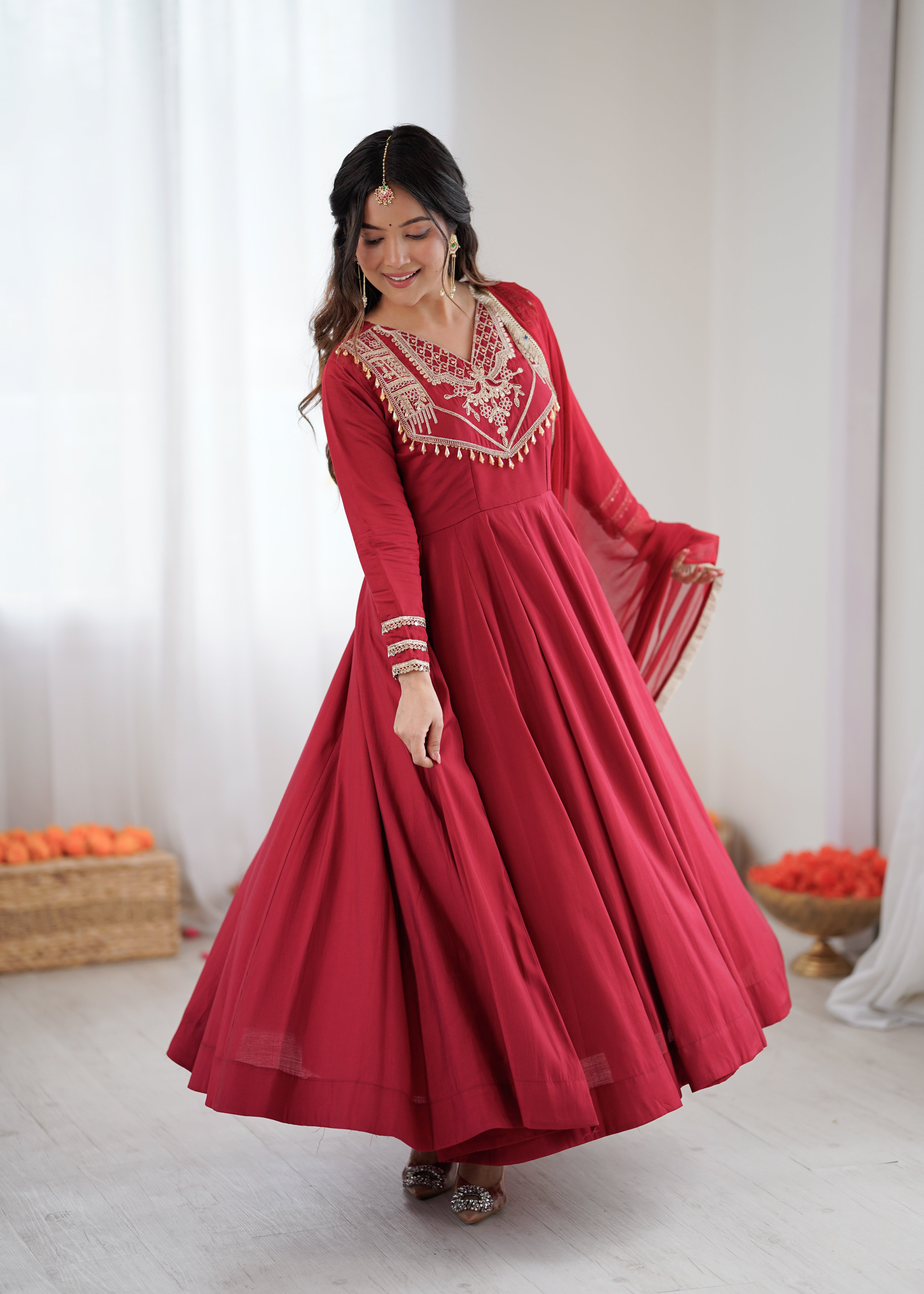 Womenline Ruby Elegance Embroidered Anarkali Suit Set with Designer Dupatta