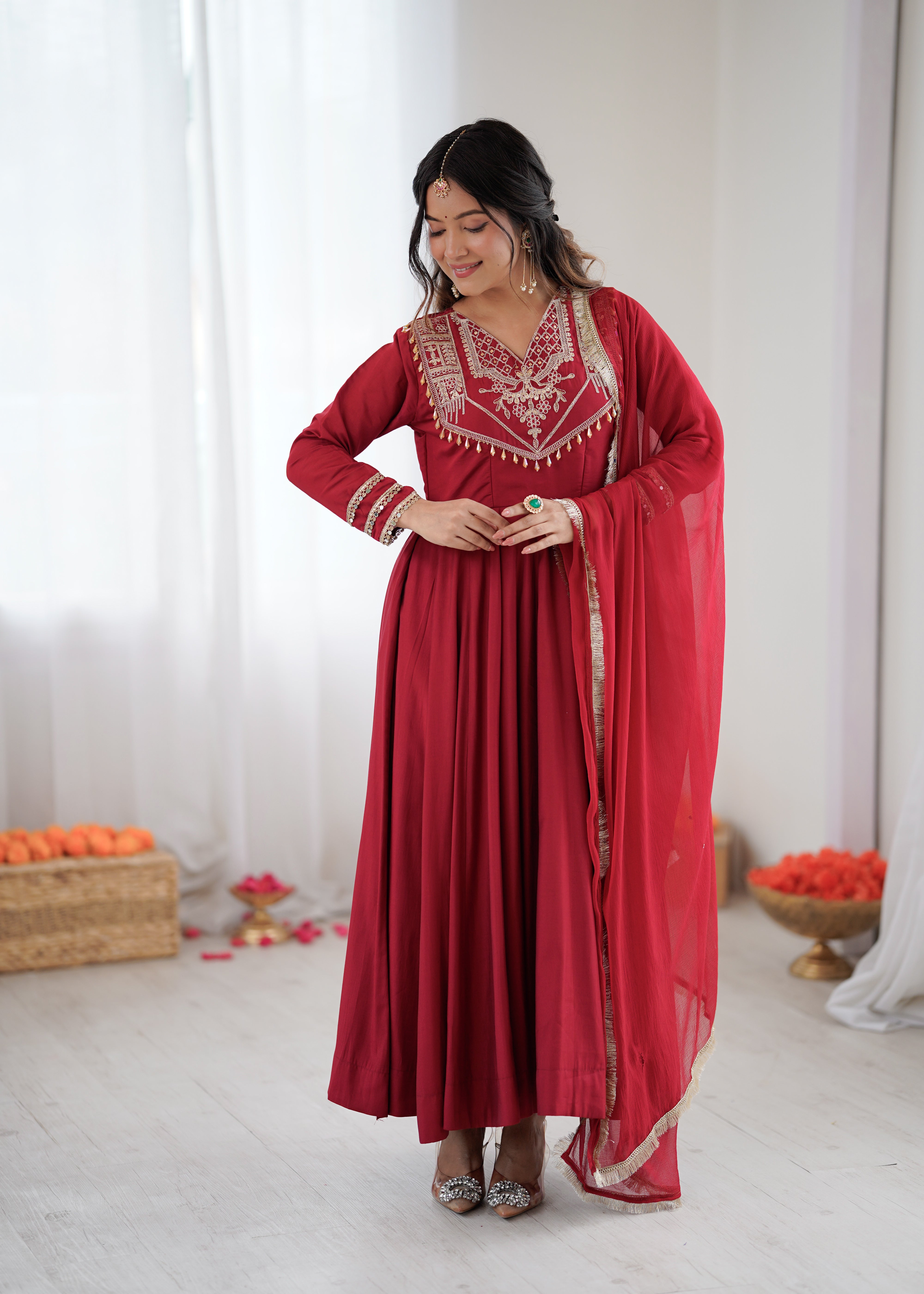 Womenline Ruby Elegance Embroidered Anarkali Suit Set with Designer Dupatta