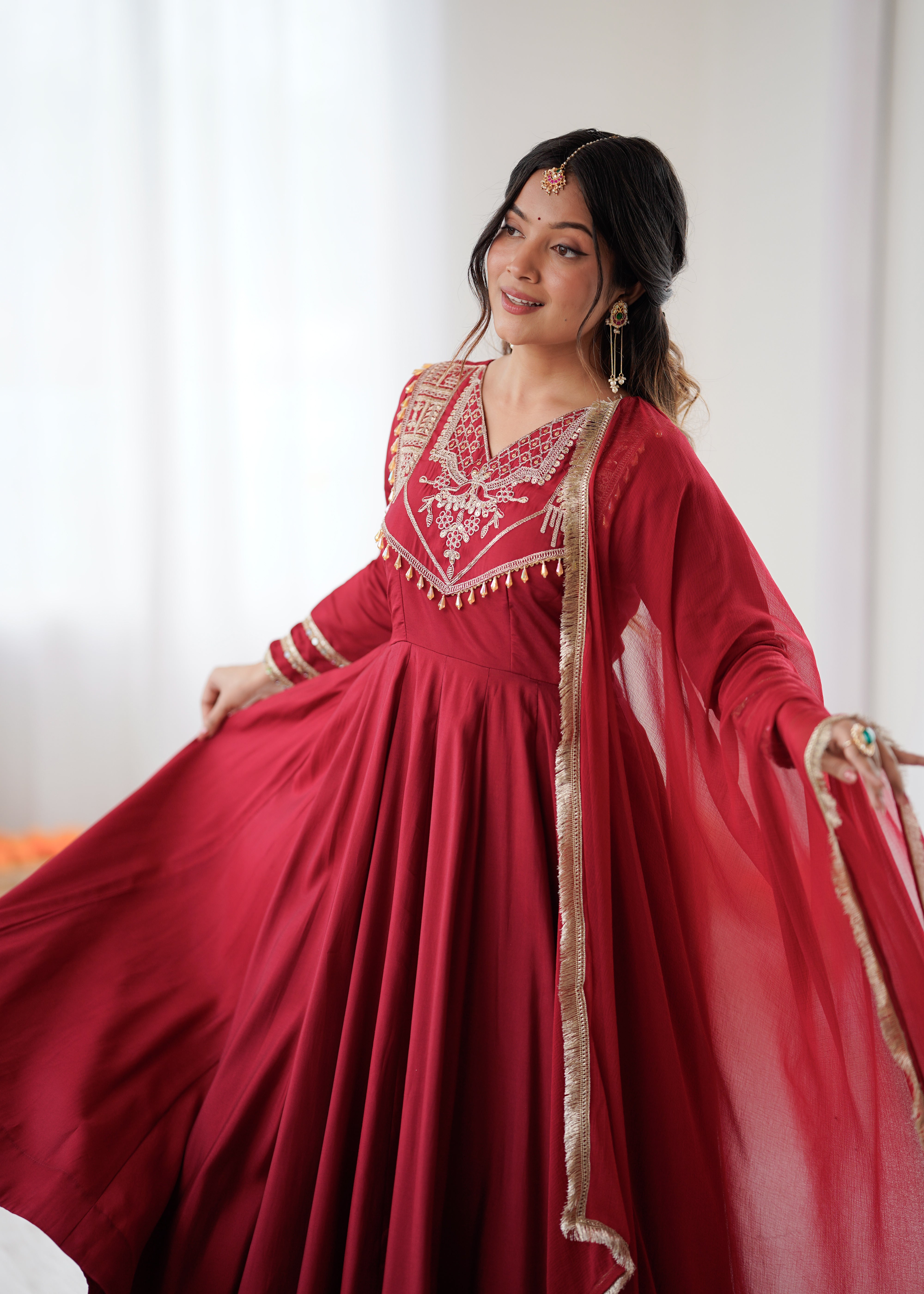 Womenline Ruby Elegance Embroidered Anarkali Suit Set with Designer Dupatta