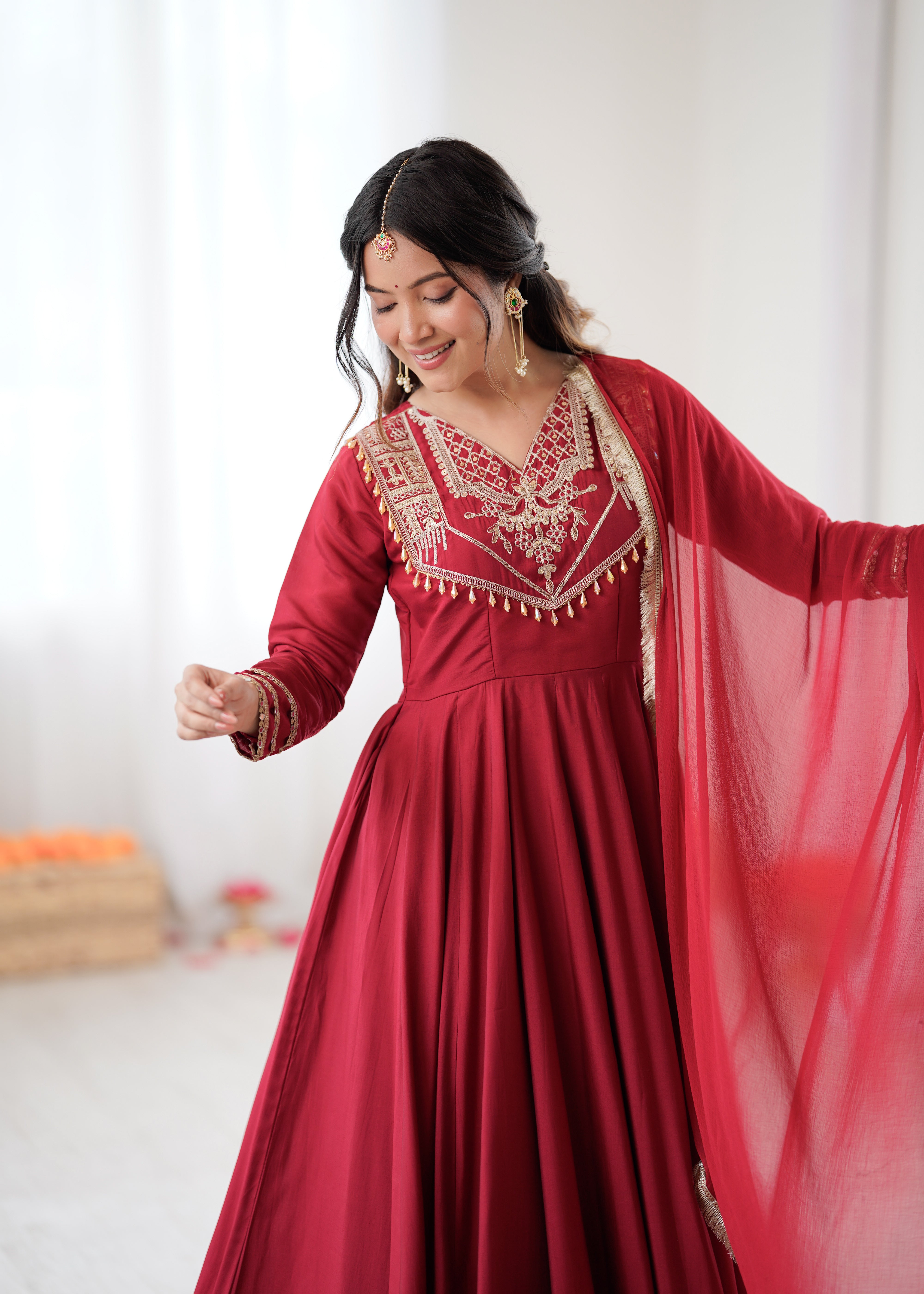 Womenline Ruby Elegance Embroidered Anarkali Suit Set with Designer Dupatta