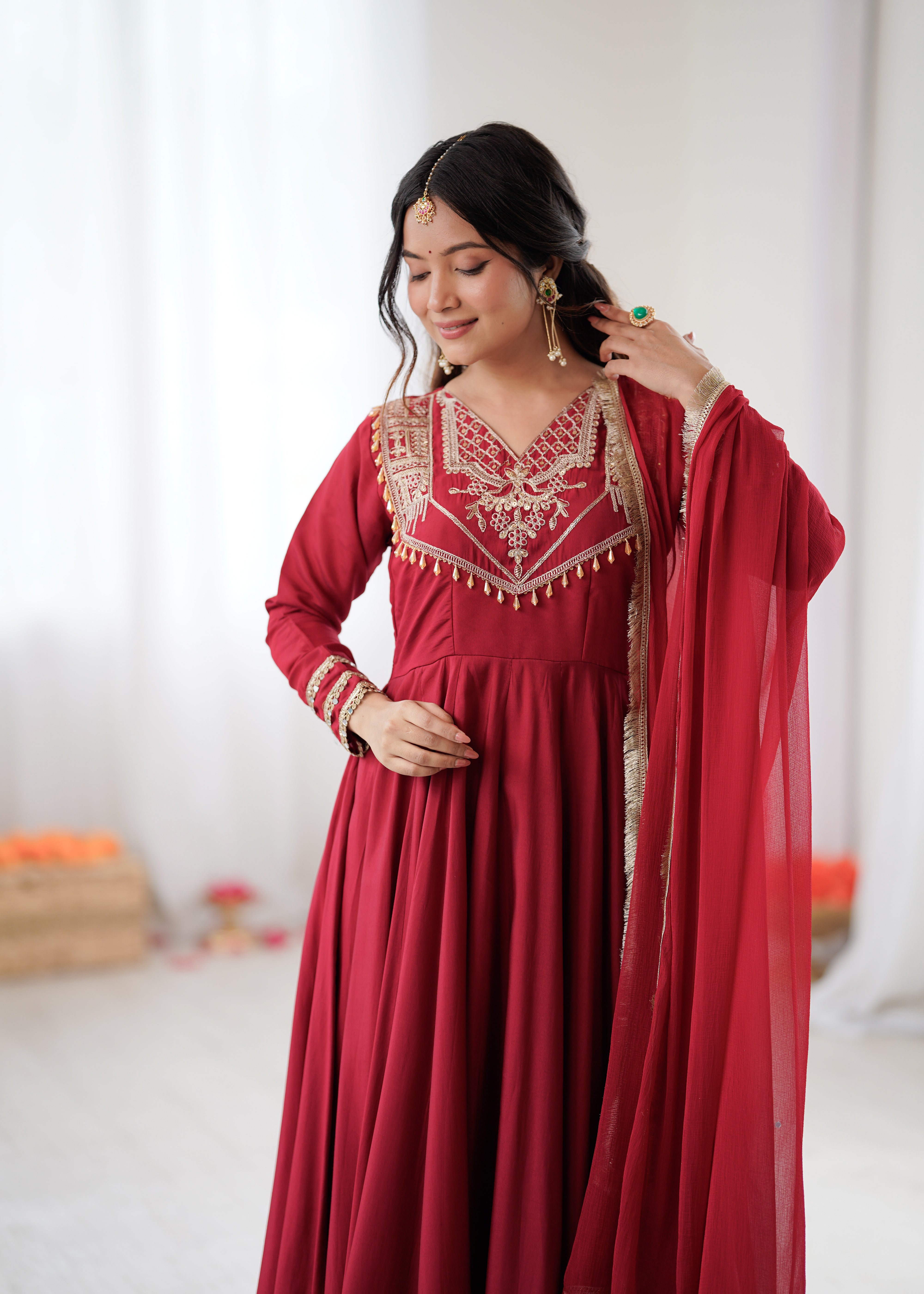 Womenline Ruby Elegance Embroidered Anarkali Suit Set with Designer Dupatta