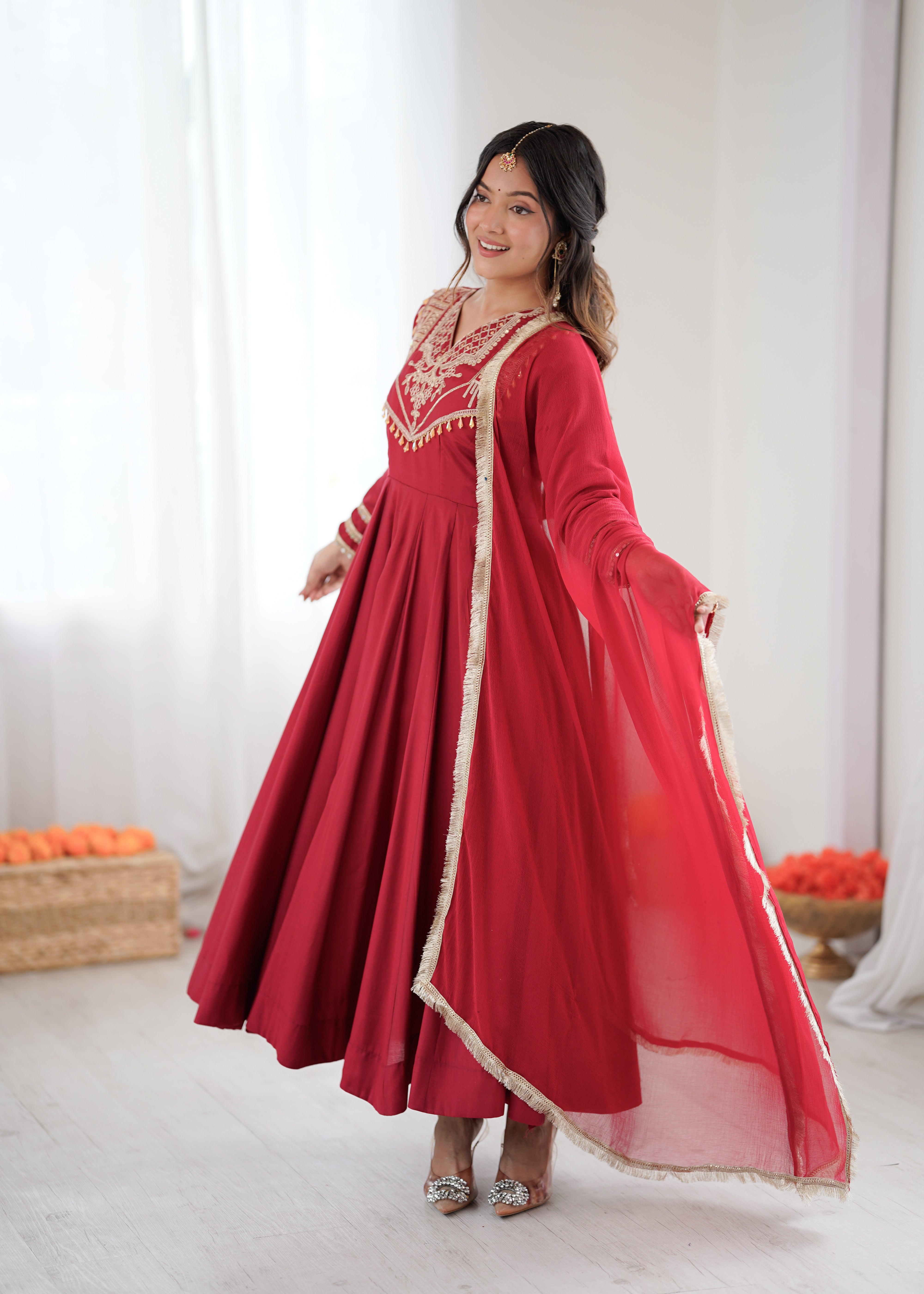 Womenline Ruby Elegance Embroidered Anarkali Suit Set with Designer Dupatta