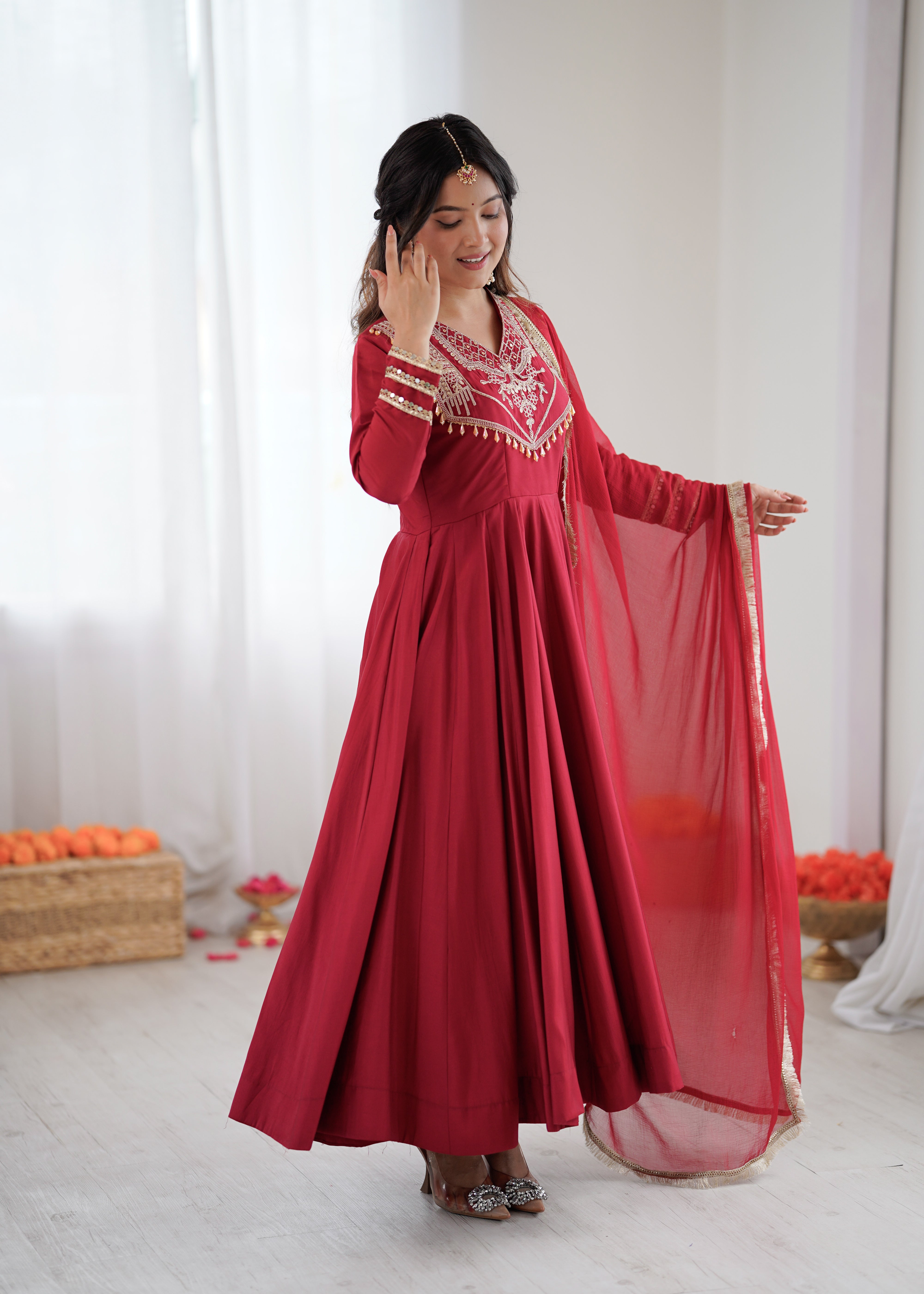 Womenline Ruby Elegance Embroidered Anarkali Suit Set with Designer Dupatta