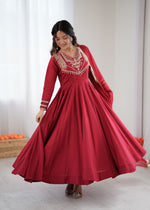 Womenline Ruby Elegance Embroidered Anarkali Suit Set with Designer Dupatta