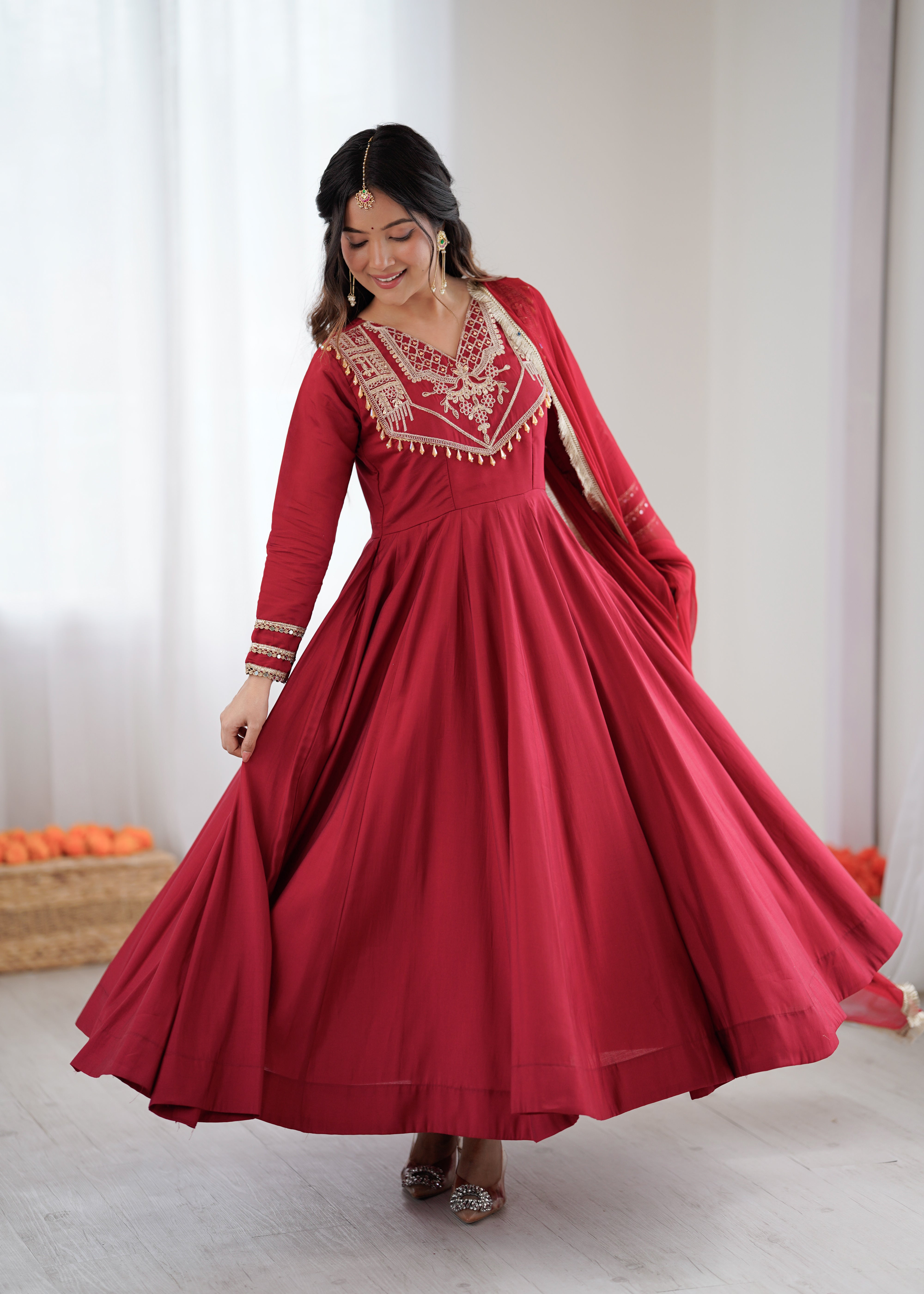 Womenline Ruby Elegance Embroidered Anarkali Suit Set with Designer Dupatta