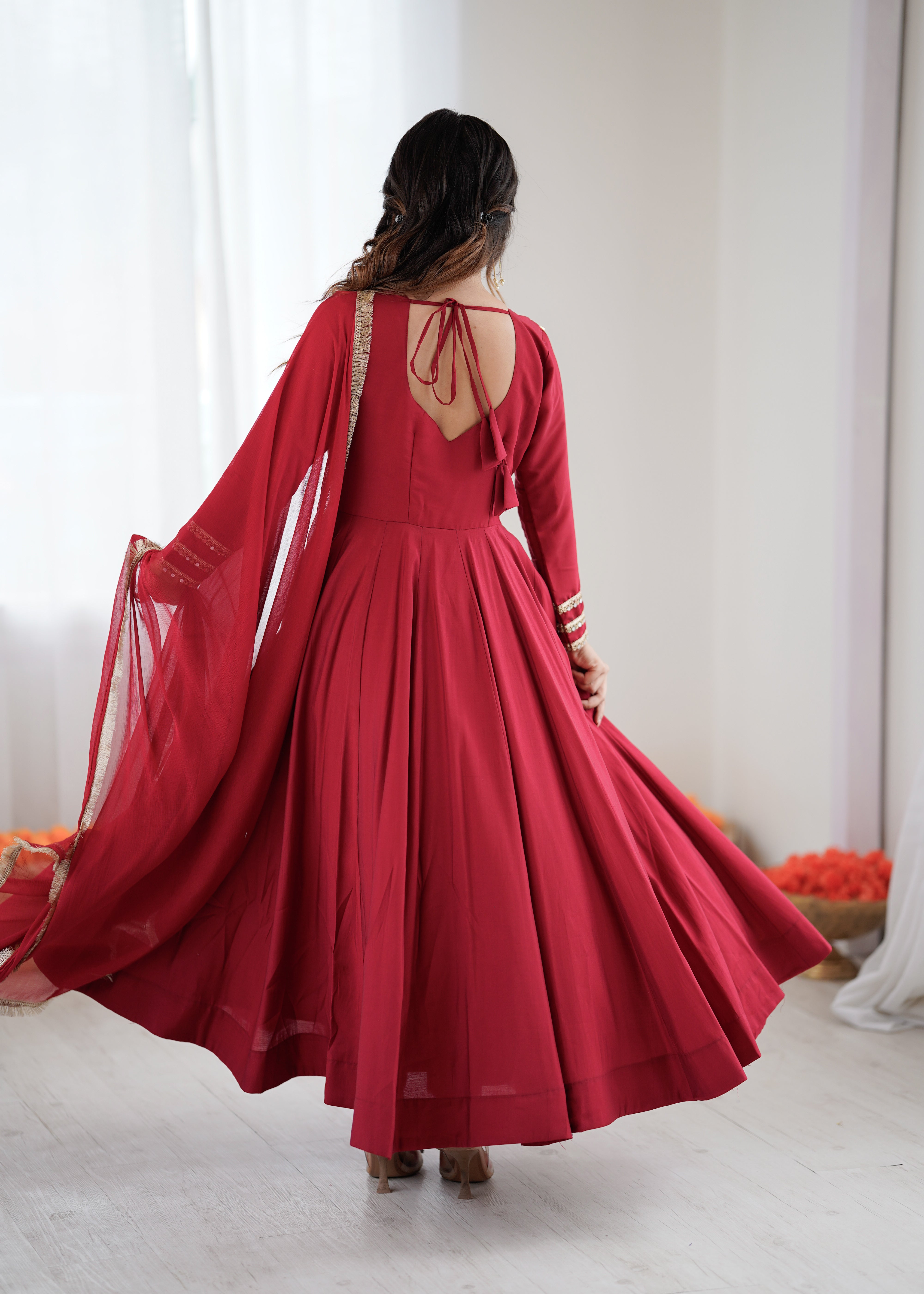 Womenline Ruby Elegance Embroidered Anarkali Suit Set with Designer Dupatta