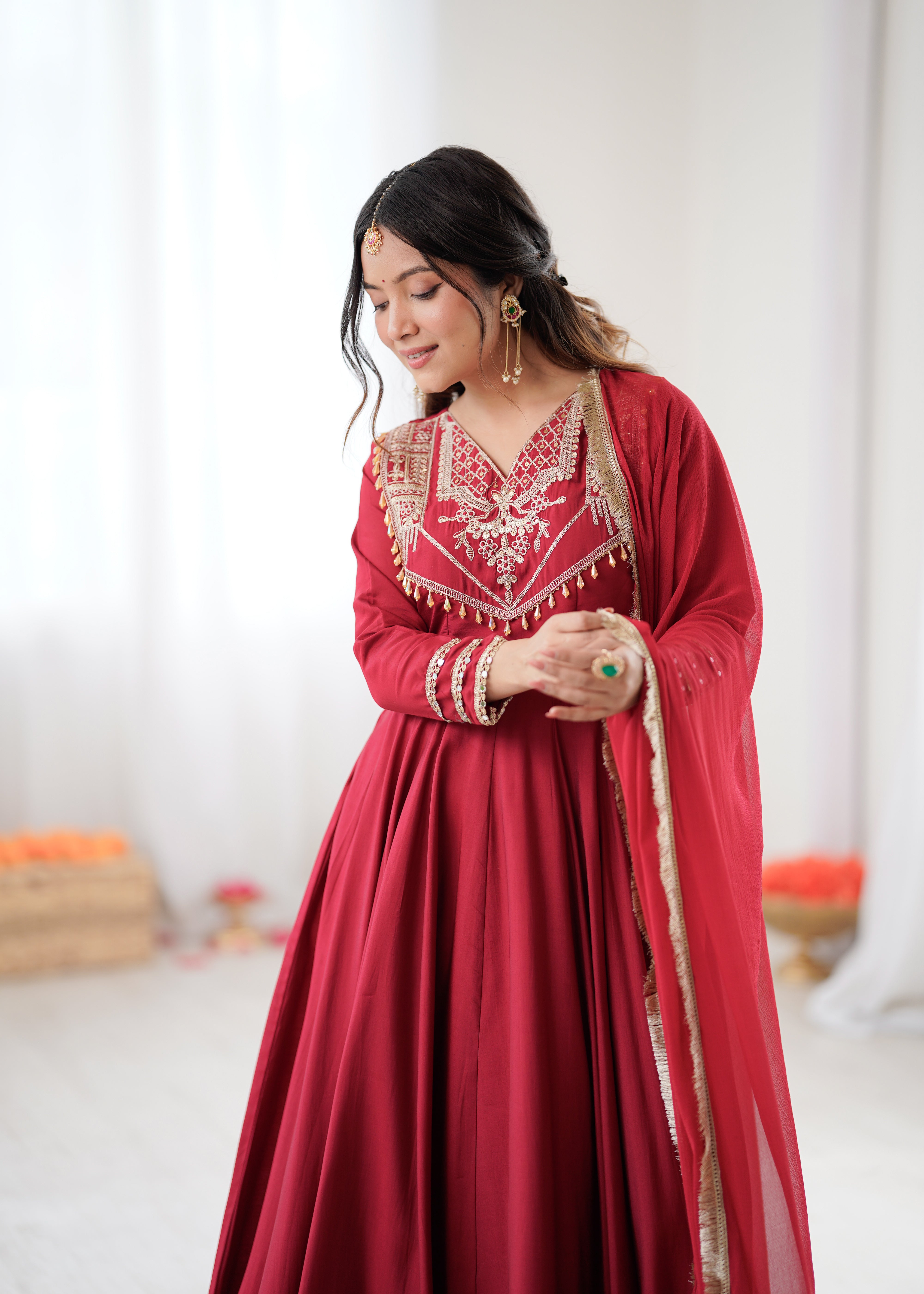Womenline Ruby Elegance Embroidered Anarkali Suit Set with Designer Dupatta