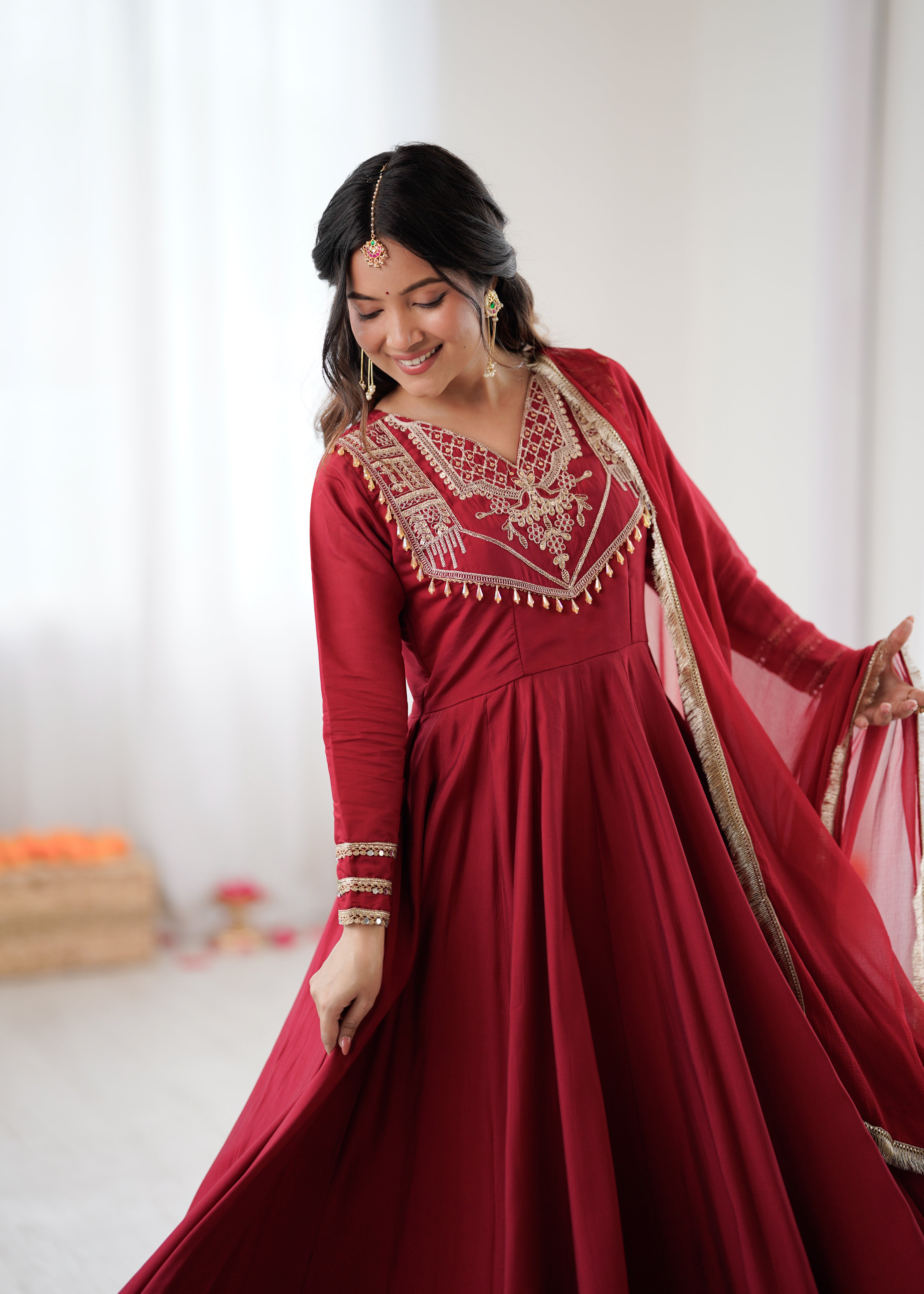 Womenline Ruby Elegance Embroidered Anarkali Suit Set with Designer Dupatta