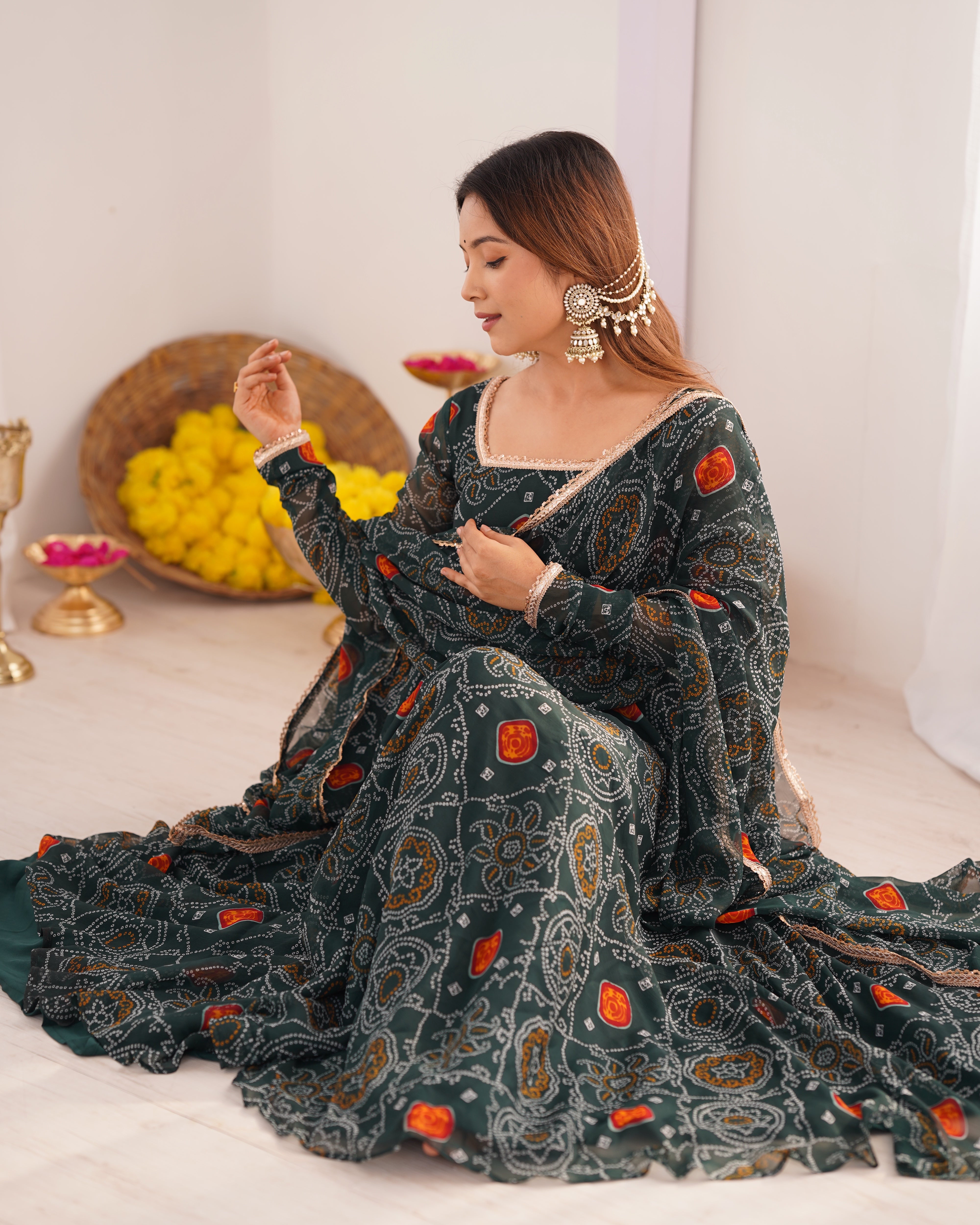 Womenline Green Color Bandhej Print Soft Chiffon Anarkali Gown