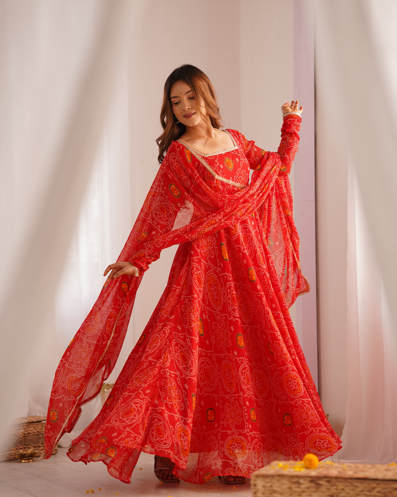 Womenline Red Color Bandhej Print Soft Chiffon Anarkali Gown