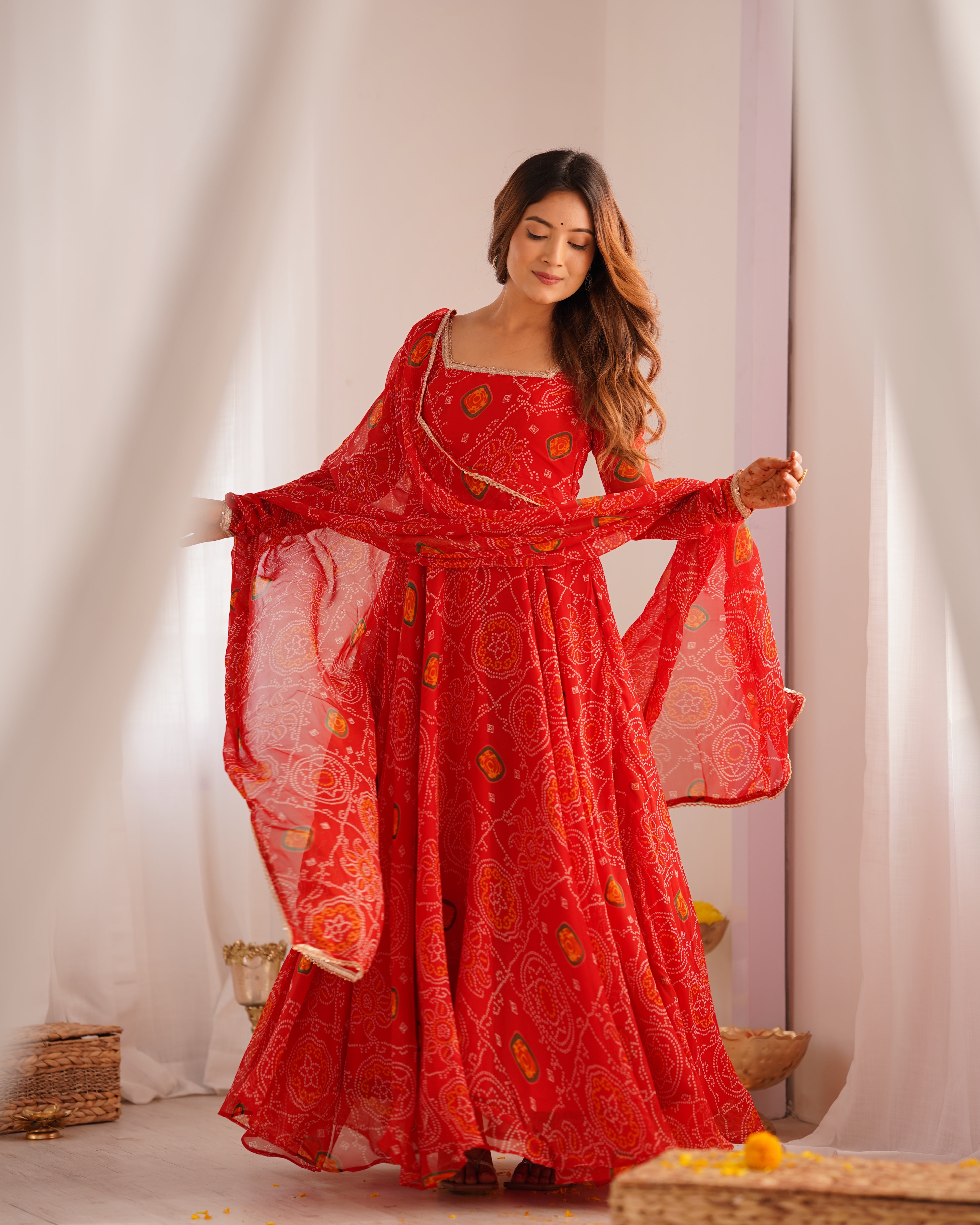 Womenline Red Color Bandhej Print Soft Chiffon Anarkali Gown