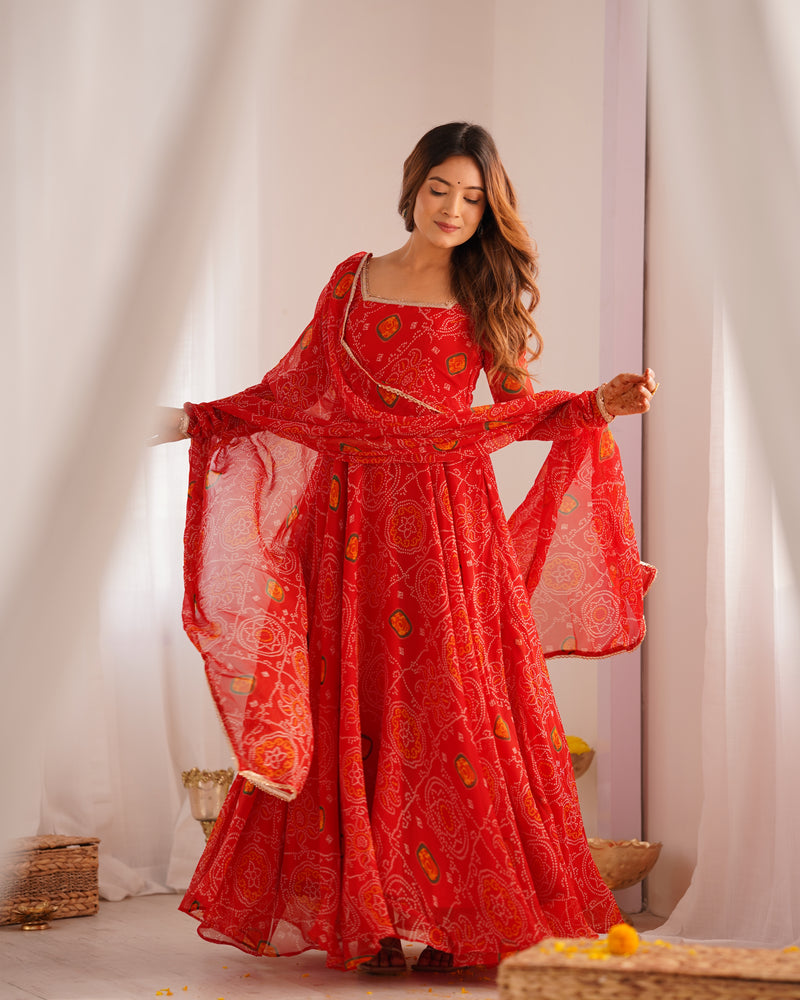 Womenline Red Color Bandhej Print Soft Chiffon Anarkali Gown