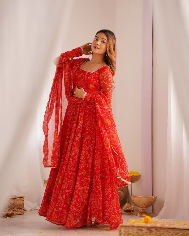 Womenline Red Color Bandhej Print Soft Chiffon Anarkali Gown