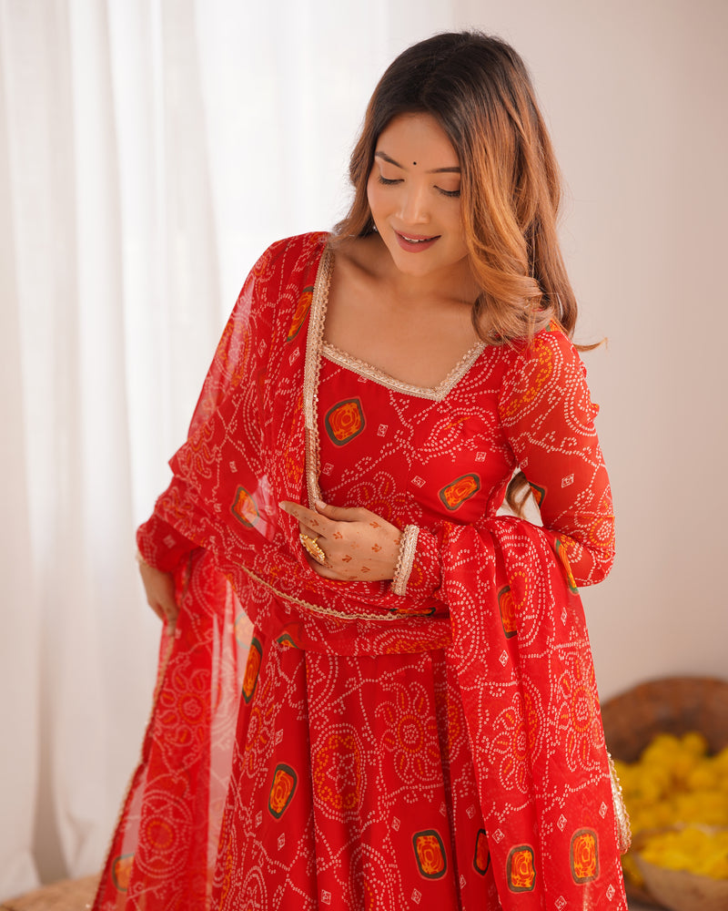Womenline Red Color Bandhej Print Soft Chiffon Anarkali Gown