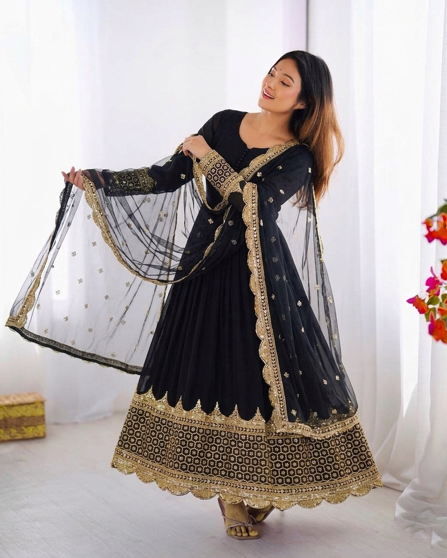 Womenline Black & Gold Embroidered Anarkali Suit Set with Dupatta