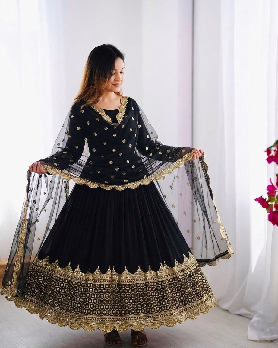 Womenline Black & Gold Embroidered Anarkali Suit Set with Dupatta