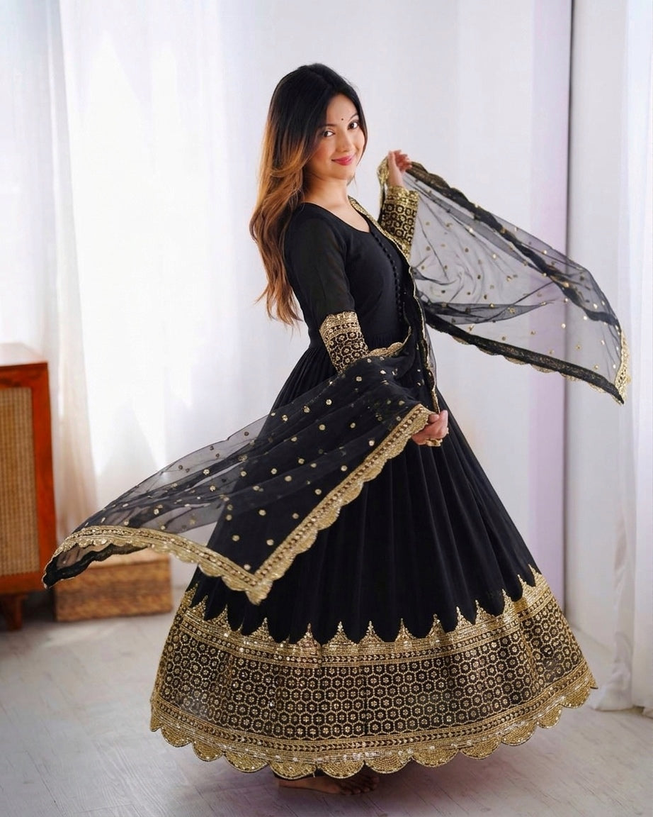 Womenline Black & Gold Embroidered Anarkali Suit Set with Dupatta