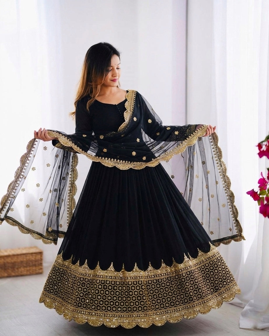 Womenline Black & Gold Embroidered Anarkali Suit Set with Dupatta