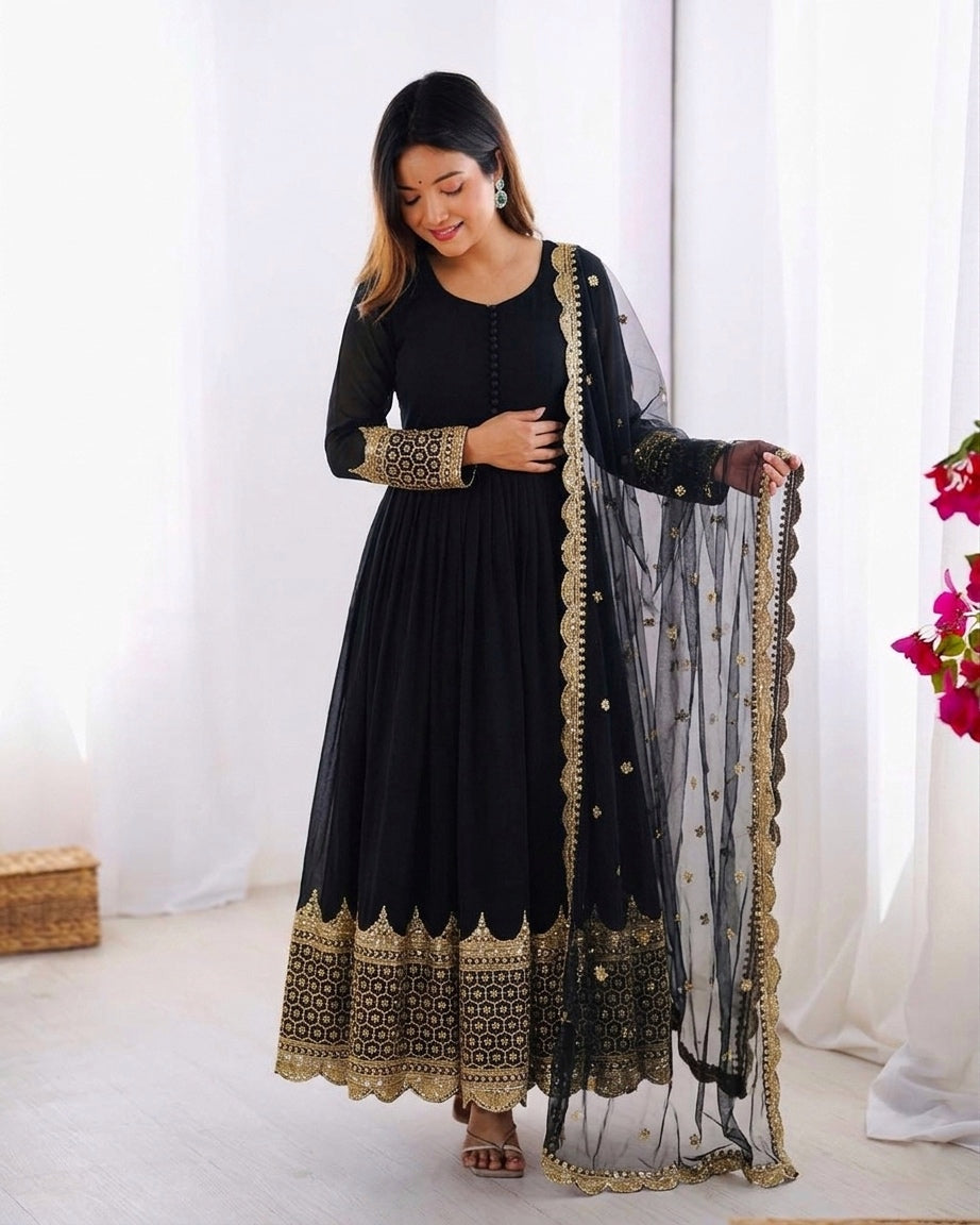 Womenline Black & Gold Embroidered Anarkali Suit Set with Dupatta