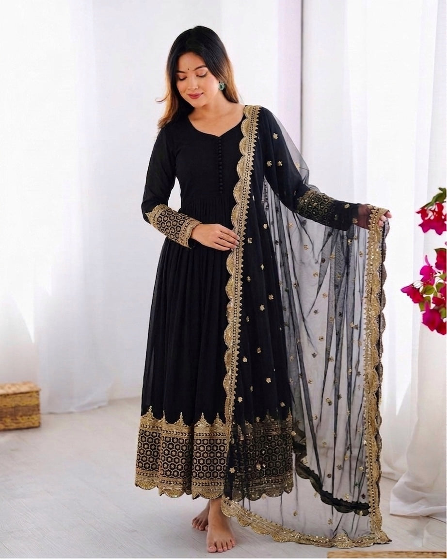 Womenline Black & Gold Embroidered Anarkali Suit Set with Dupatta