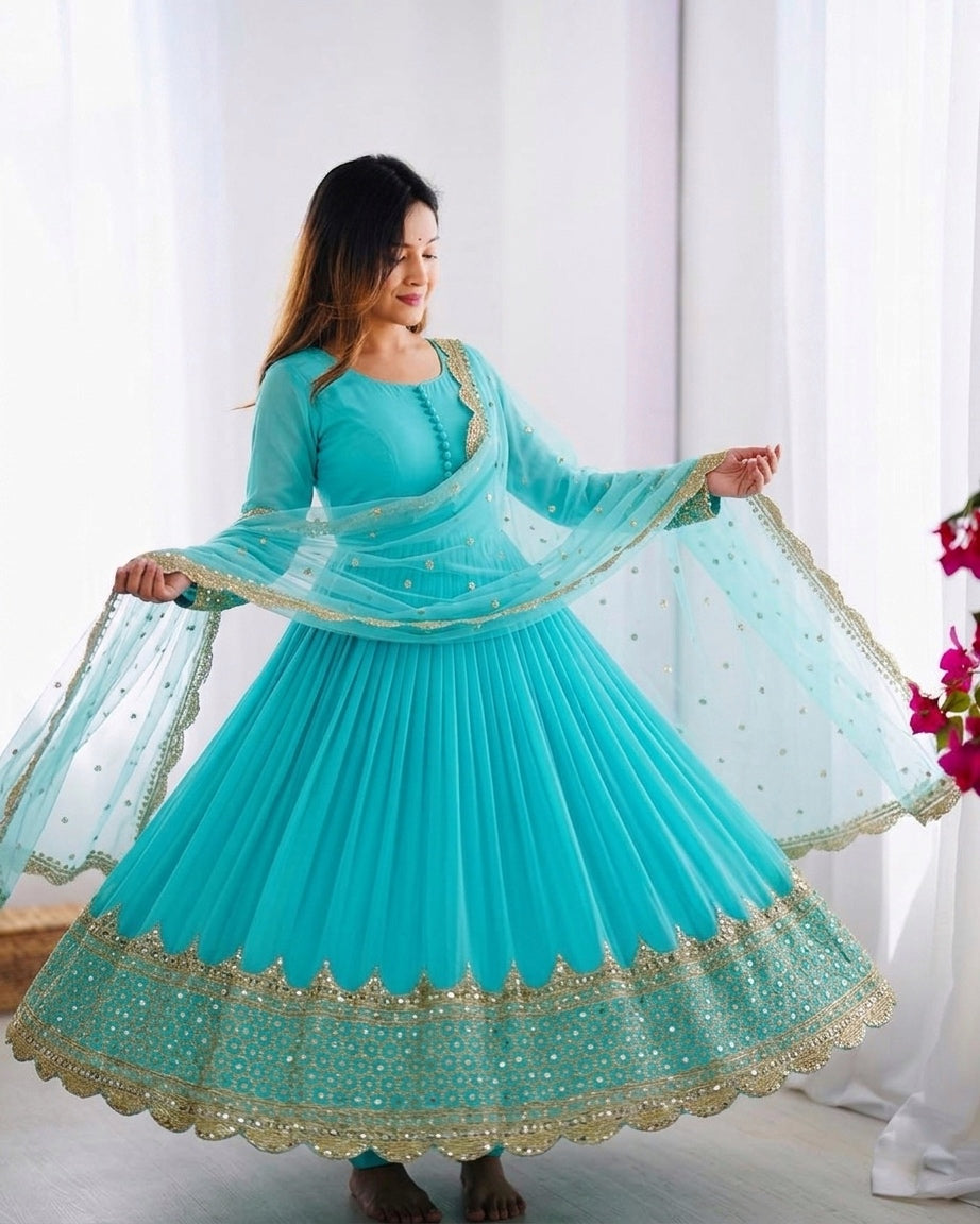 Womenline Aqua Blue Pleated Anarkali Suit Set with Embroidered Dupatta