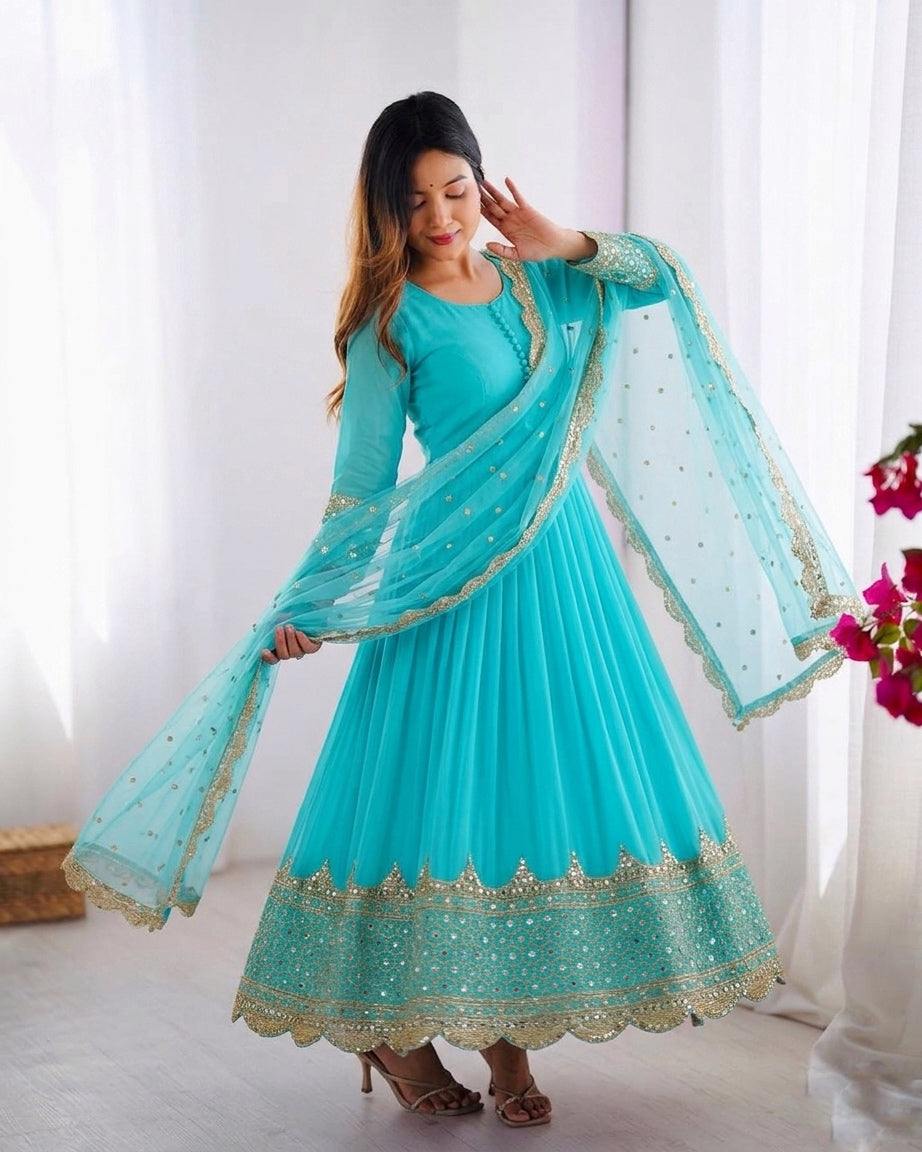 Womenline Aqua Blue Pleated Anarkali Suit Set with Embroidered Dupatta