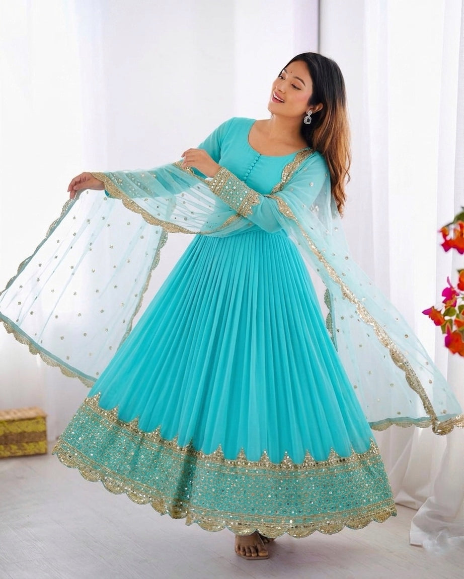 Womenline Aqua Blue Pleated Anarkali Suit Set with Embroidered Dupatta