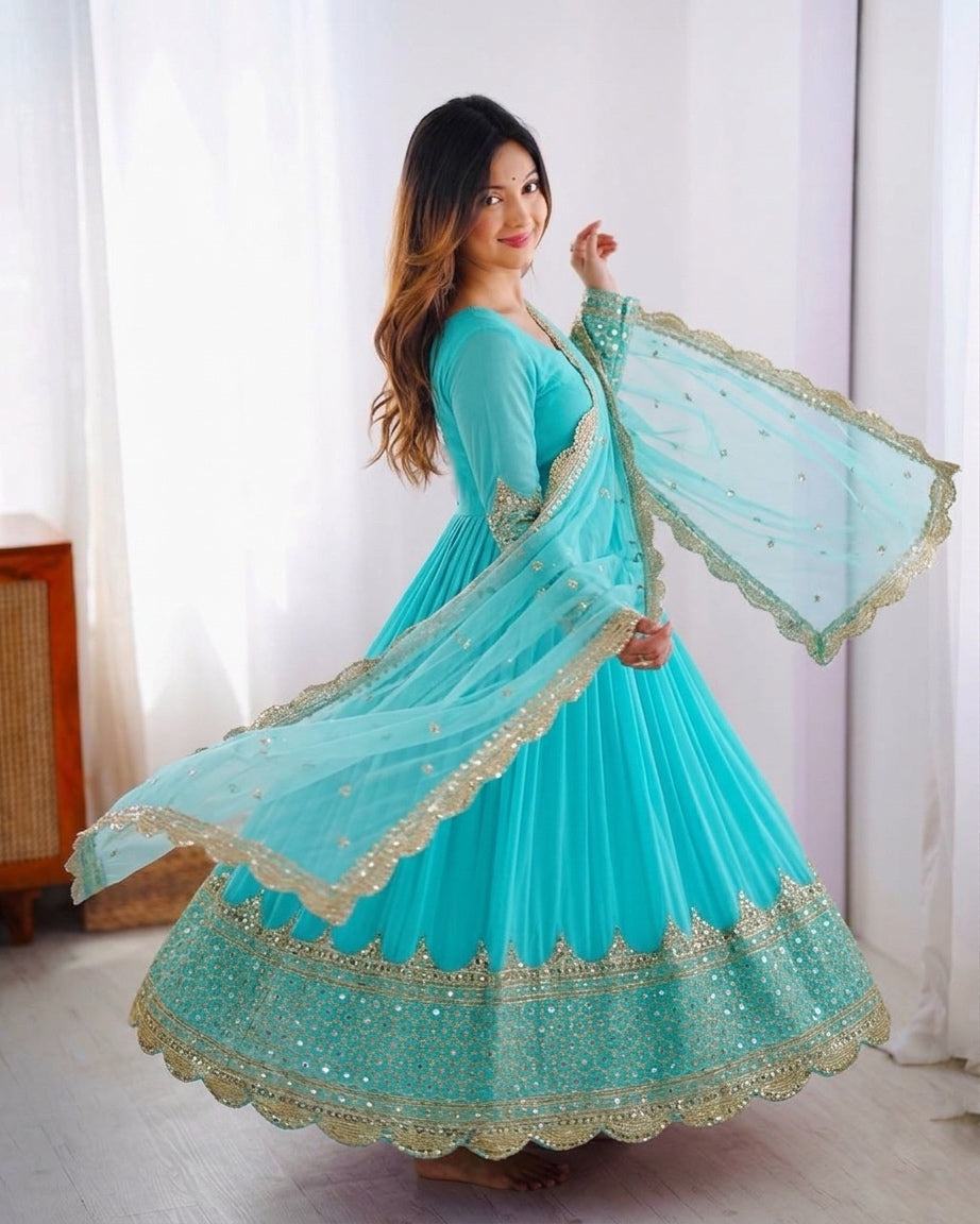 Womenline Aqua Blue Pleated Anarkali Suit Set with Embroidered Dupatta