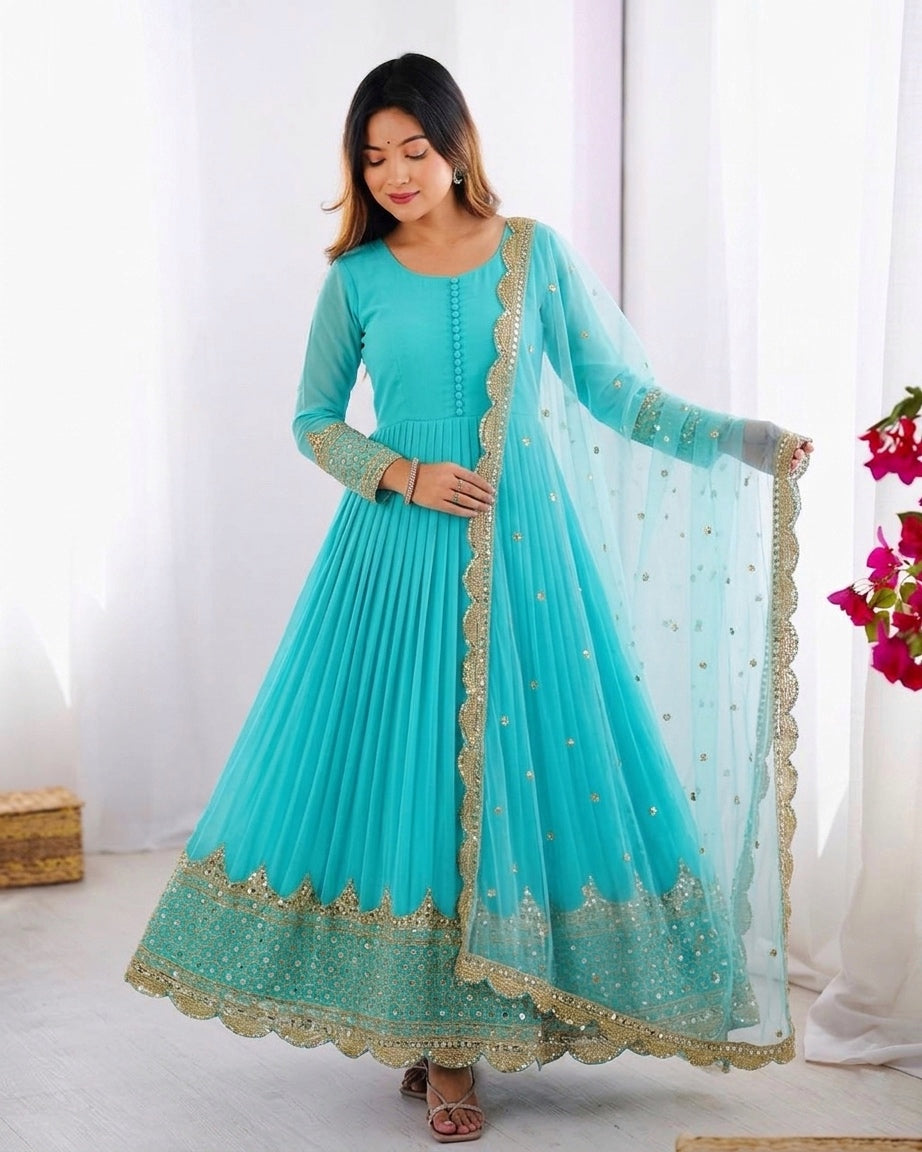 Womenline Aqua Blue Pleated Anarkali Suit Set with Embroidered Dupatta