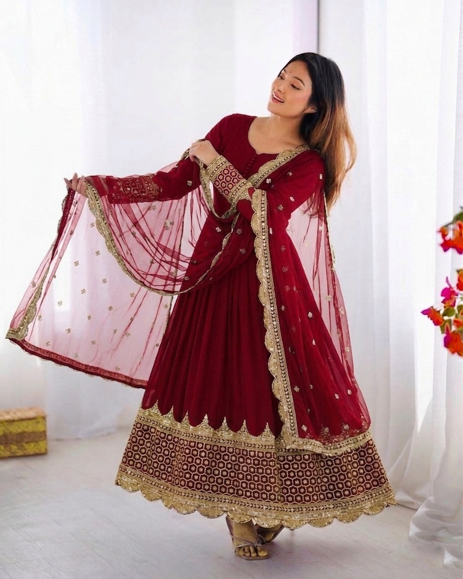 Womenline Maroon Embroidered Anarkali Suit Set with Embroidered Dupatta
