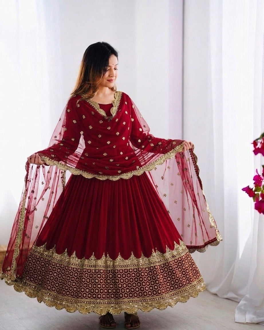 Womenline Maroon Embroidered Anarkali Suit Set with Embroidered Dupatta