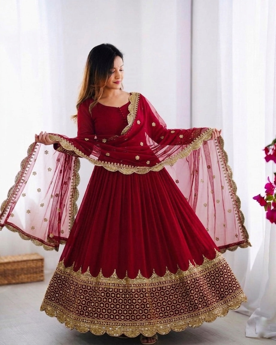 Womenline Maroon Embroidered Anarkali Suit Set with Embroidered Dupatta